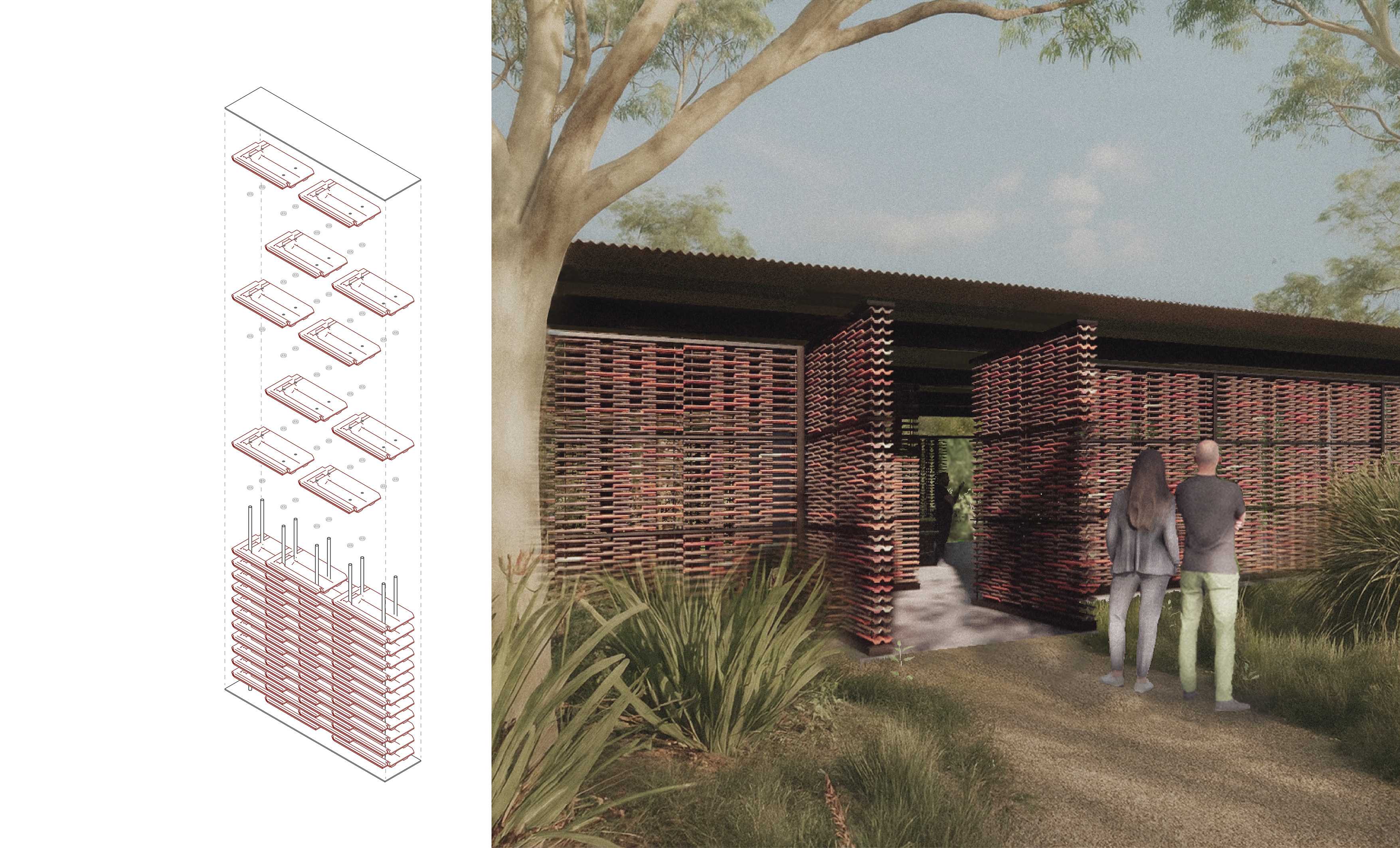 The previous mapping revealed terracotta roof tiles and red brick as the primary local materials of salvageable quantity, and so the architecture considers how these familiar materials may be reimagined. 