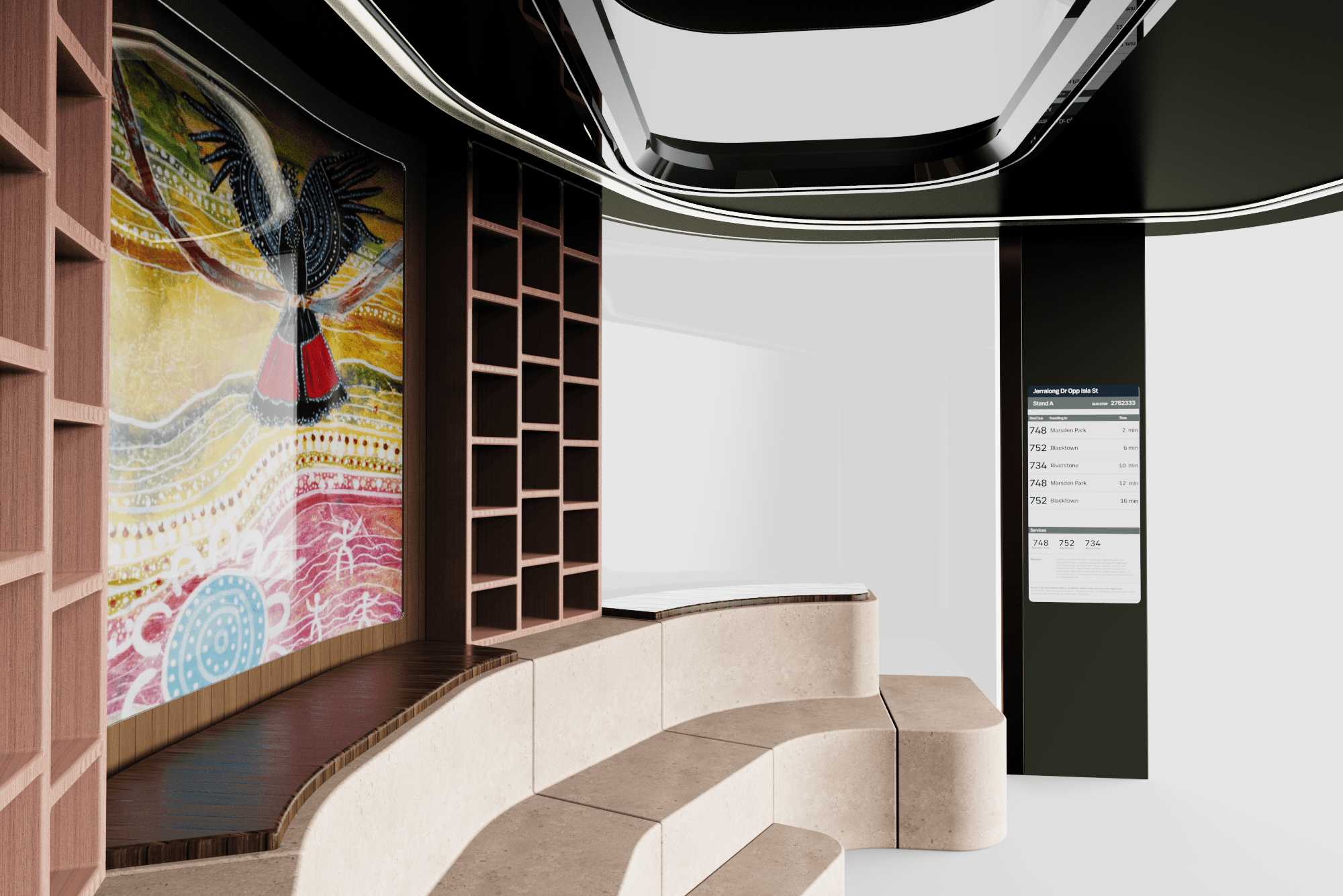 The Canopy features amphitheatre seating, a bladeless cooling system, digital displays, and a micro-library and plant exchange program with Blacktown City Council.