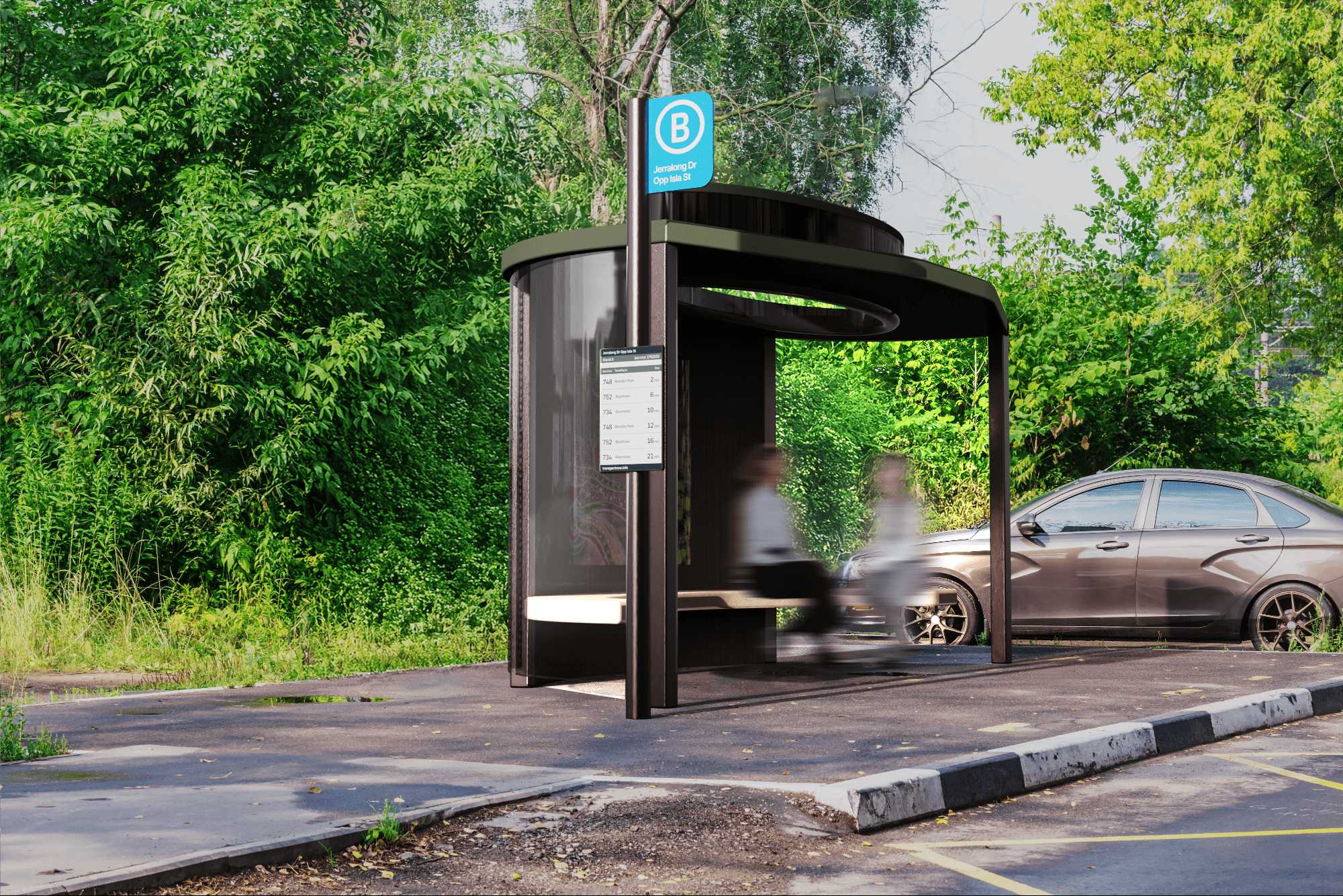 The Sapling is a mid-size “connecting structure” featuring straightforward seating, a bladeless cooling system, and decorated with local artworks that strengthen community identity.