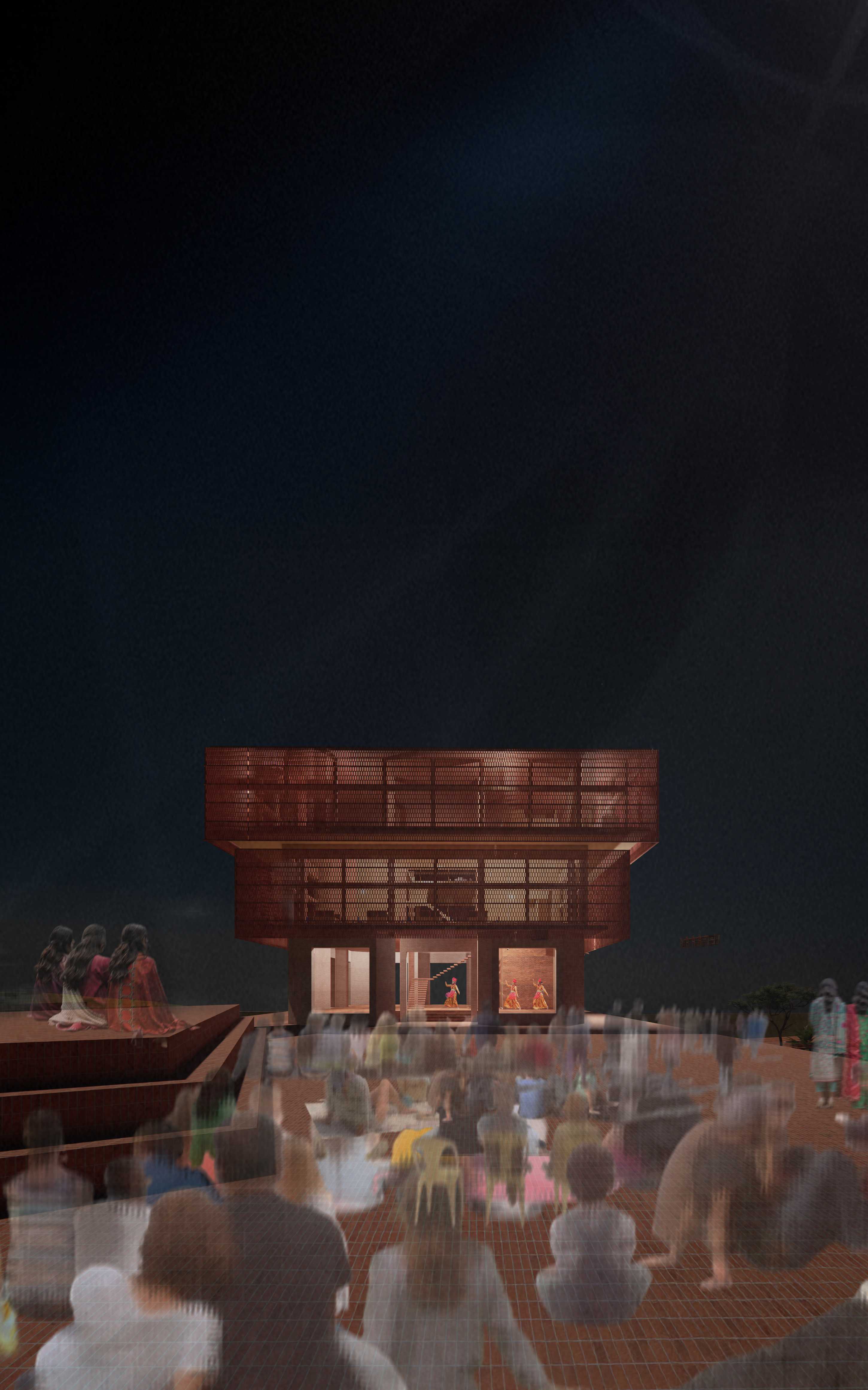 A community gathers outside the embassy for a festival. The buildings' cantilevered form reminds one of the traditional dharmasala, ancient Nepalese resthouses for travellers