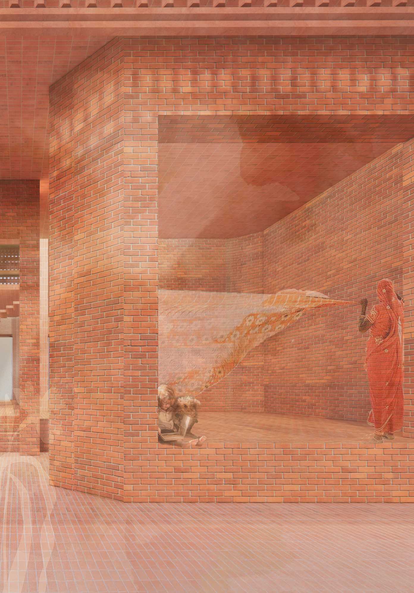 The ground floor of the embassy, an open-air pavilion constructed of Nepalese dachi appa bricks - a space for a community to gather.