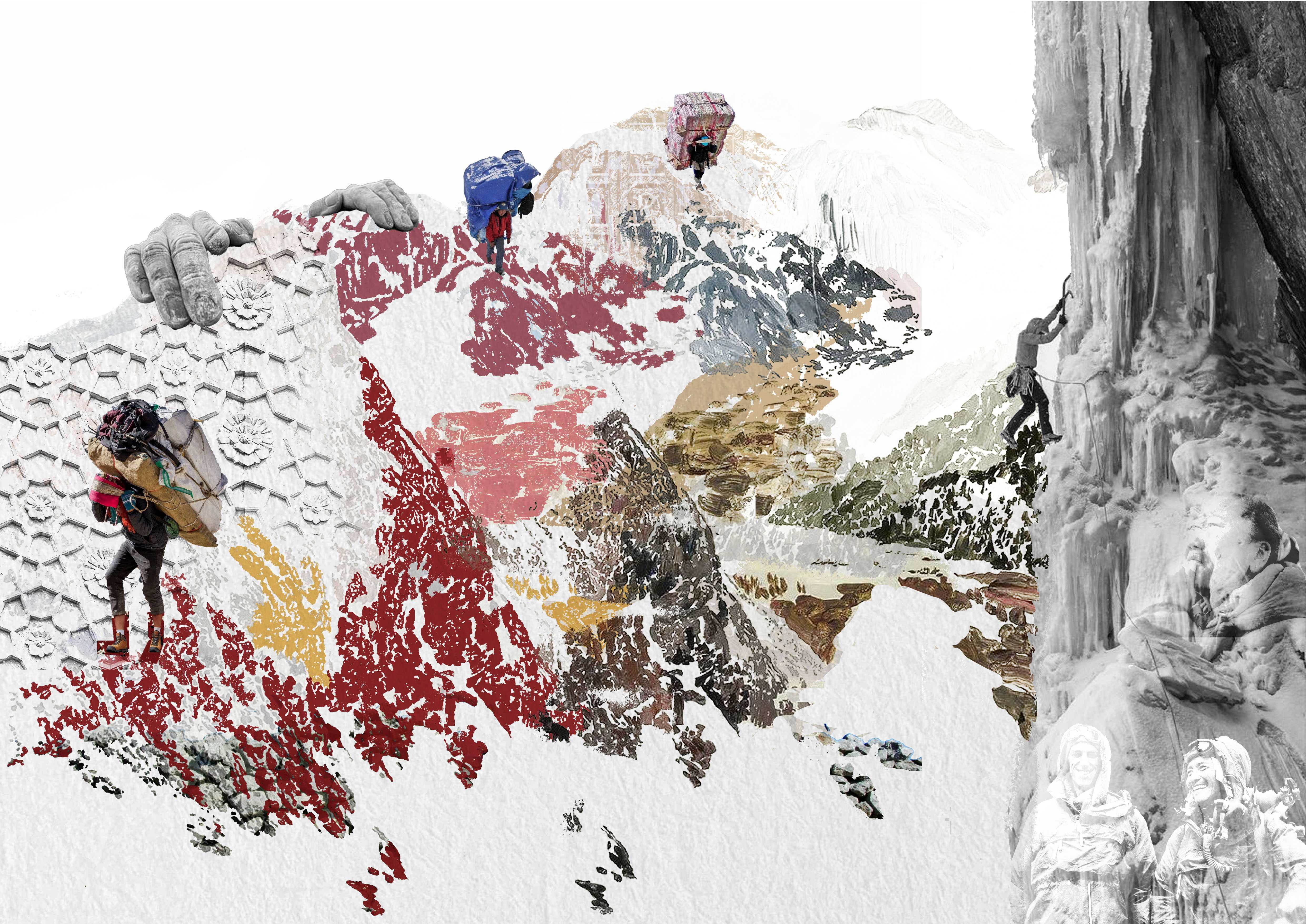 The First Nepalese Embassy in Indonesia, conceptual origins in collage: The Sherpa and The Mountain.