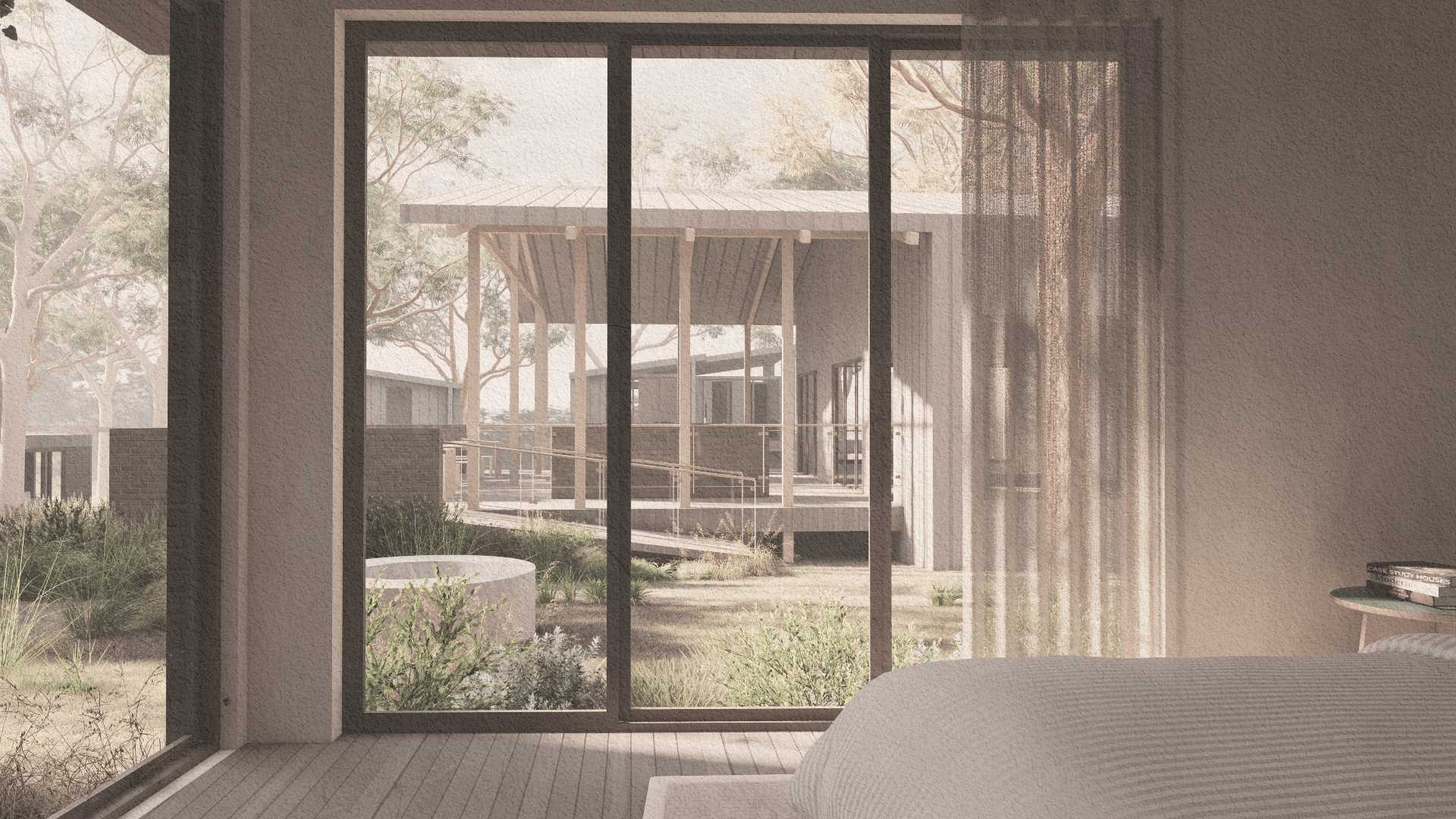 Interior Render: Where all residential homes have access and views of the community hearth. 