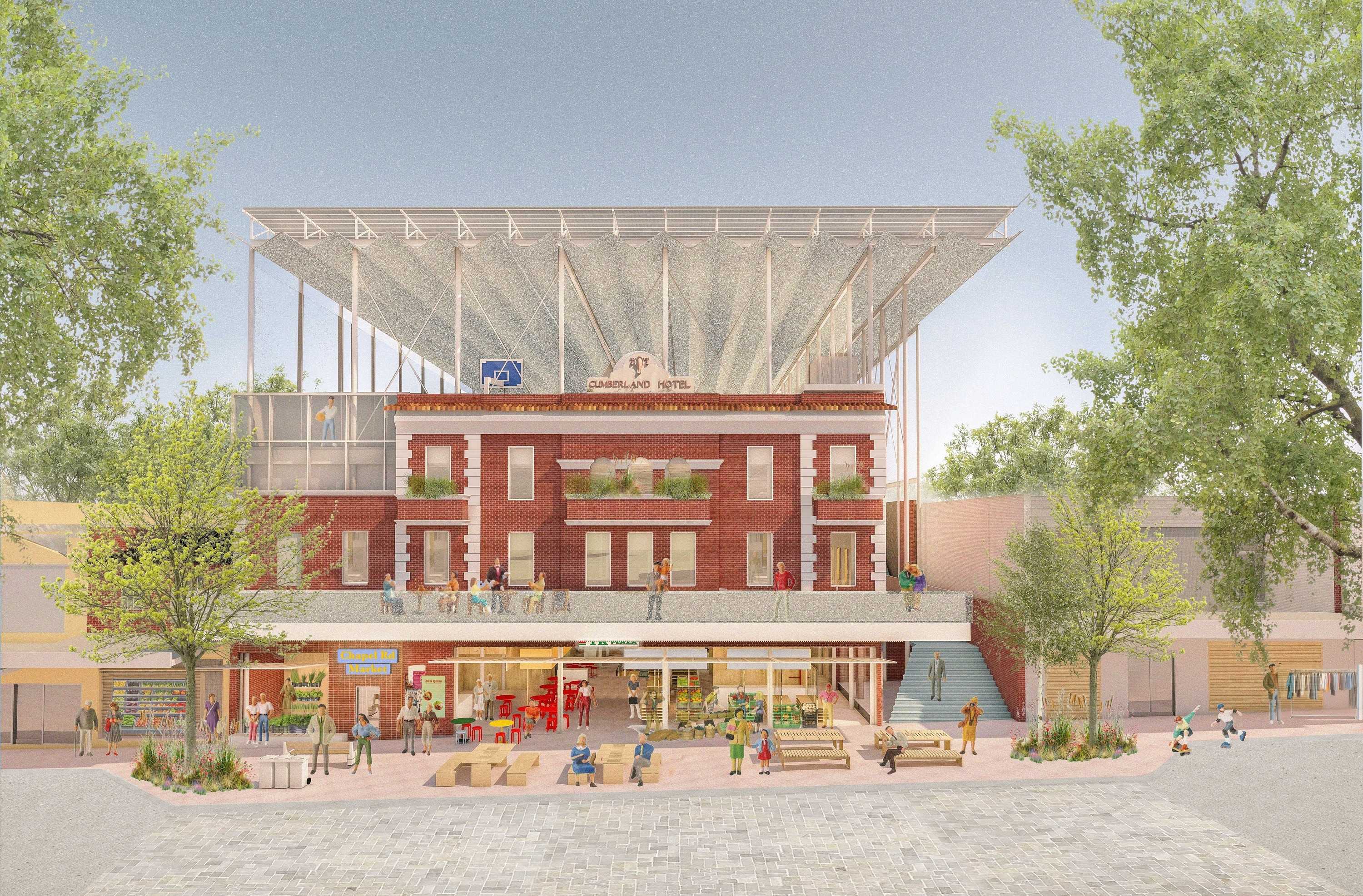 Chapel Road Frontage: Not simply a commercial centre, but a civic house - public in intention, responsive in function. Constrained spaces as sites of communication (Venturi, 1966).