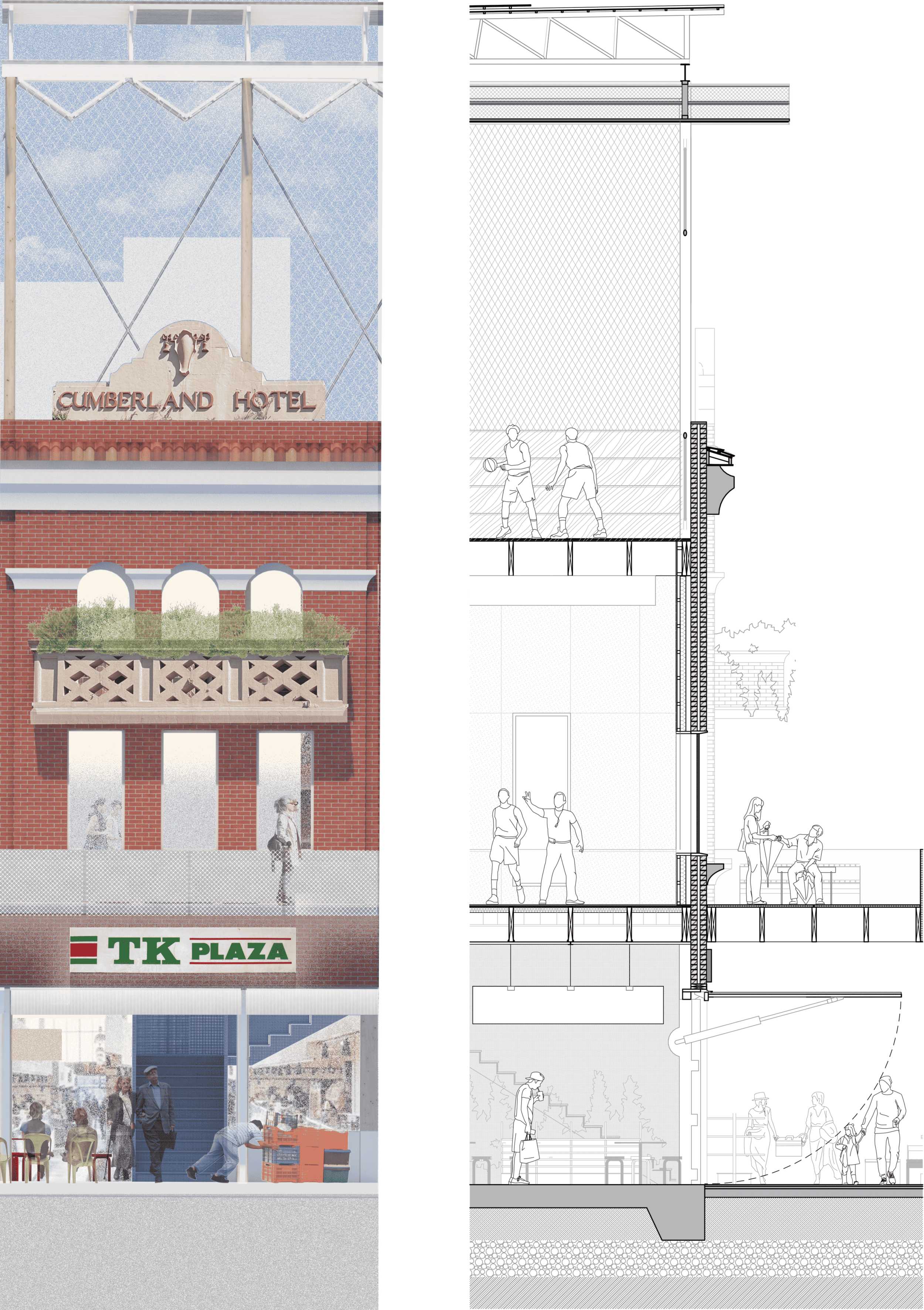 Facade Section: ground level, kitchen - arcade blurs the street, small-scale economies flourish under an open ceiling. Above, a vertical backyard, recreation spaces refuge from both heat and social isolation. 
