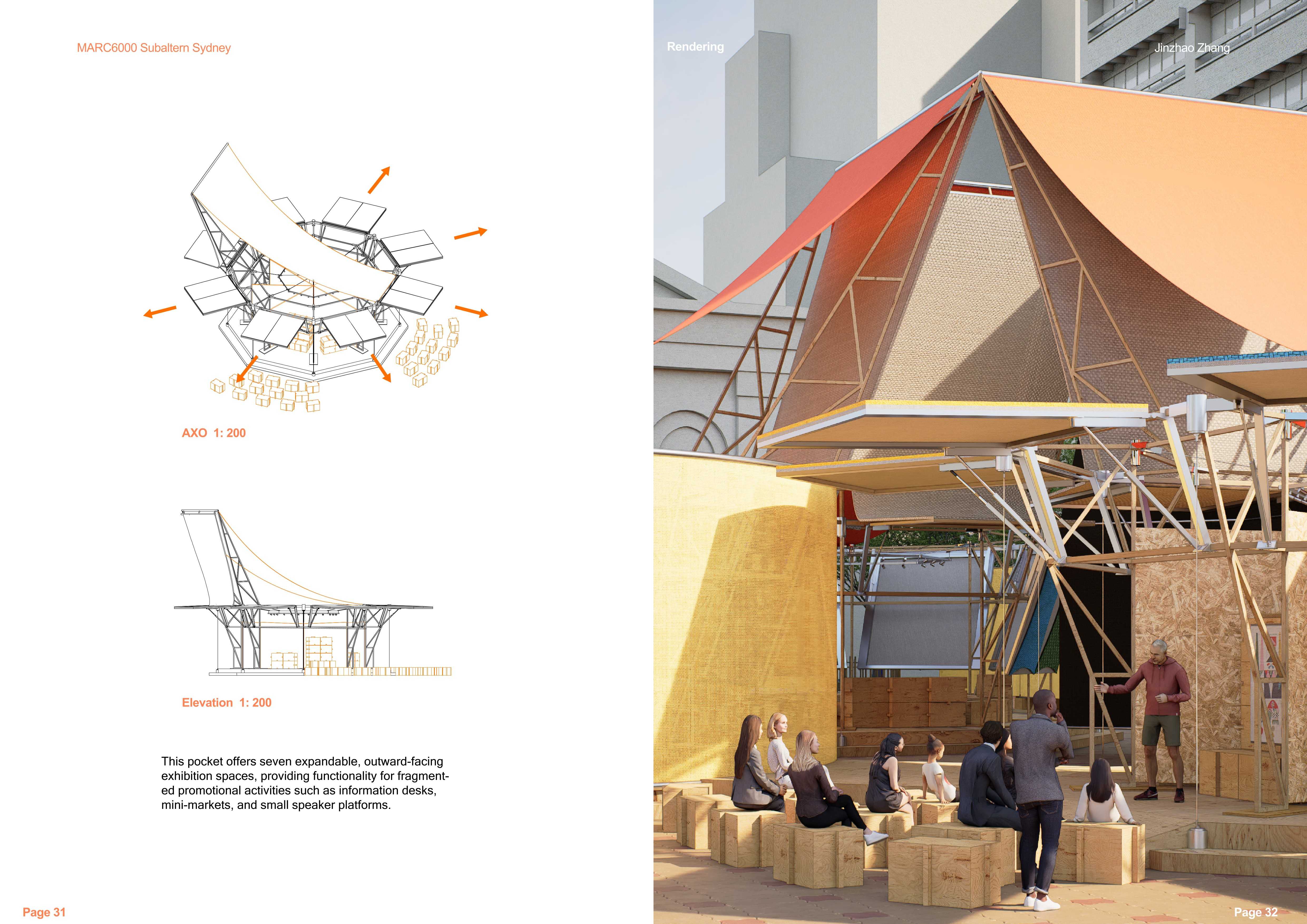 Expandable pocket pavilions enclose the plaza, accommodating activities such as lectures, markets, information desks, and informal gatherings.