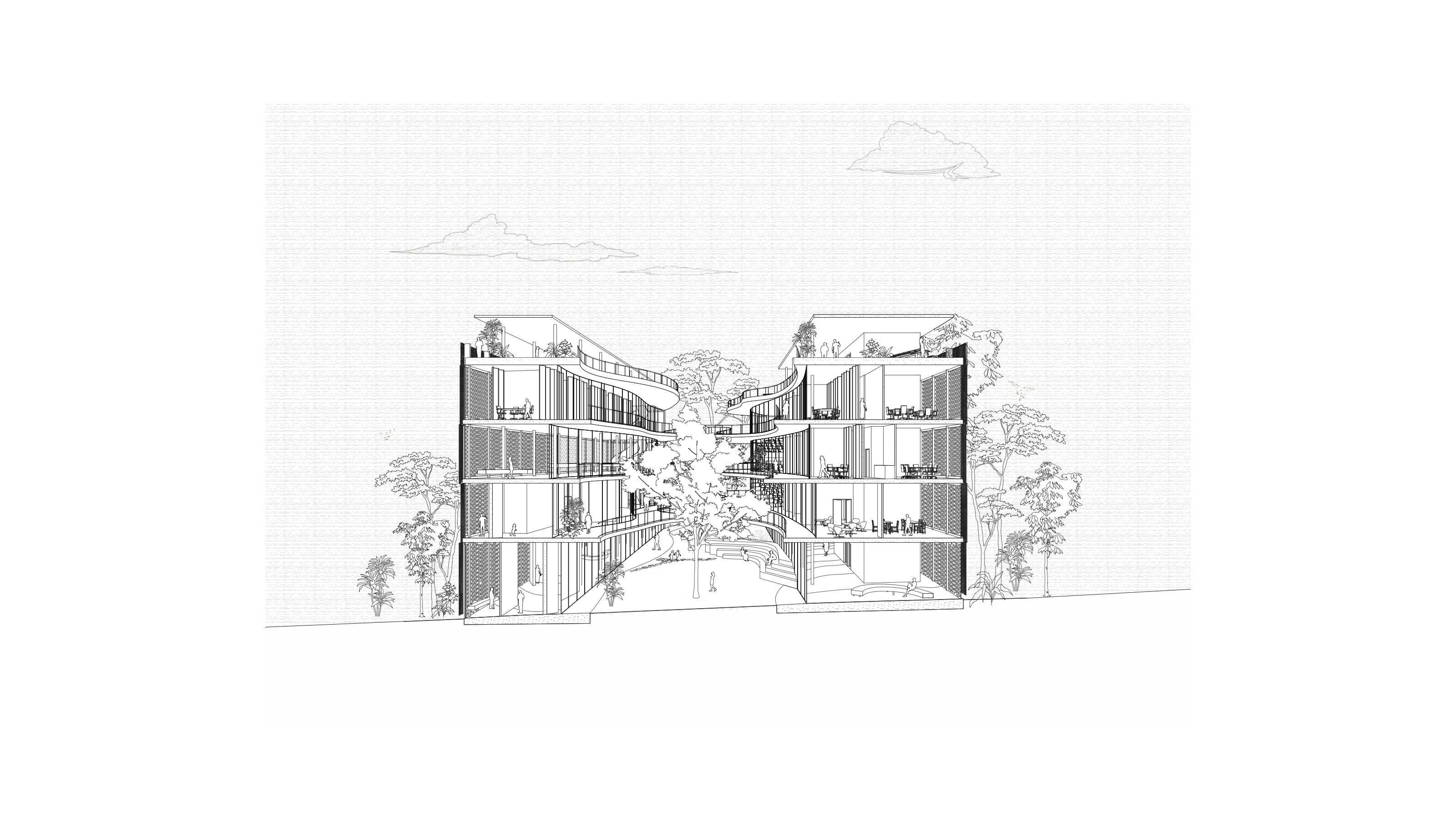 Sectional Perspective: Light passes through layers of weaving bridges and balconies, creating moments of shadow, depth, and revelation.
