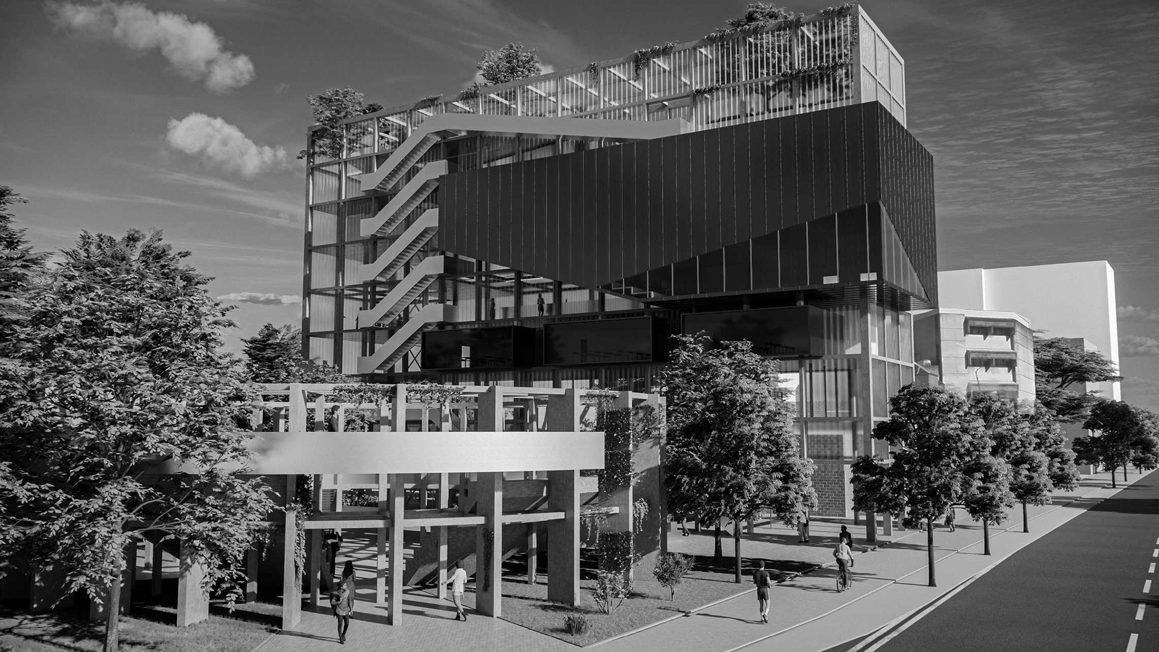 The cover render reveals the building’s renewed life: parasitic forms emerging from the existing structure, opening toward Victoria Park and the city. Light, movement, and gathering define its cultural presence.