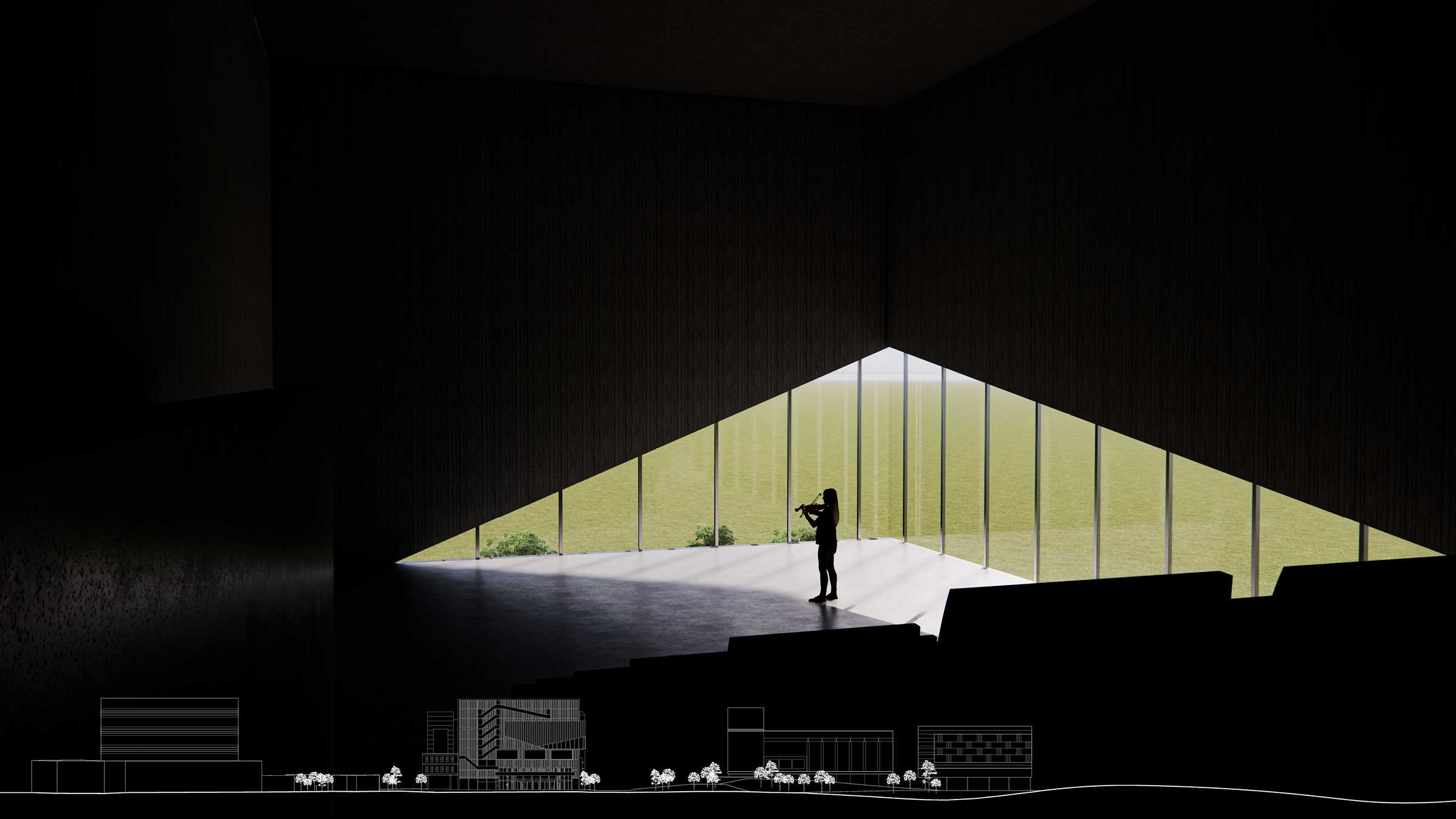 Auditorium Interior Render With 1:1000 Elevation Drawing