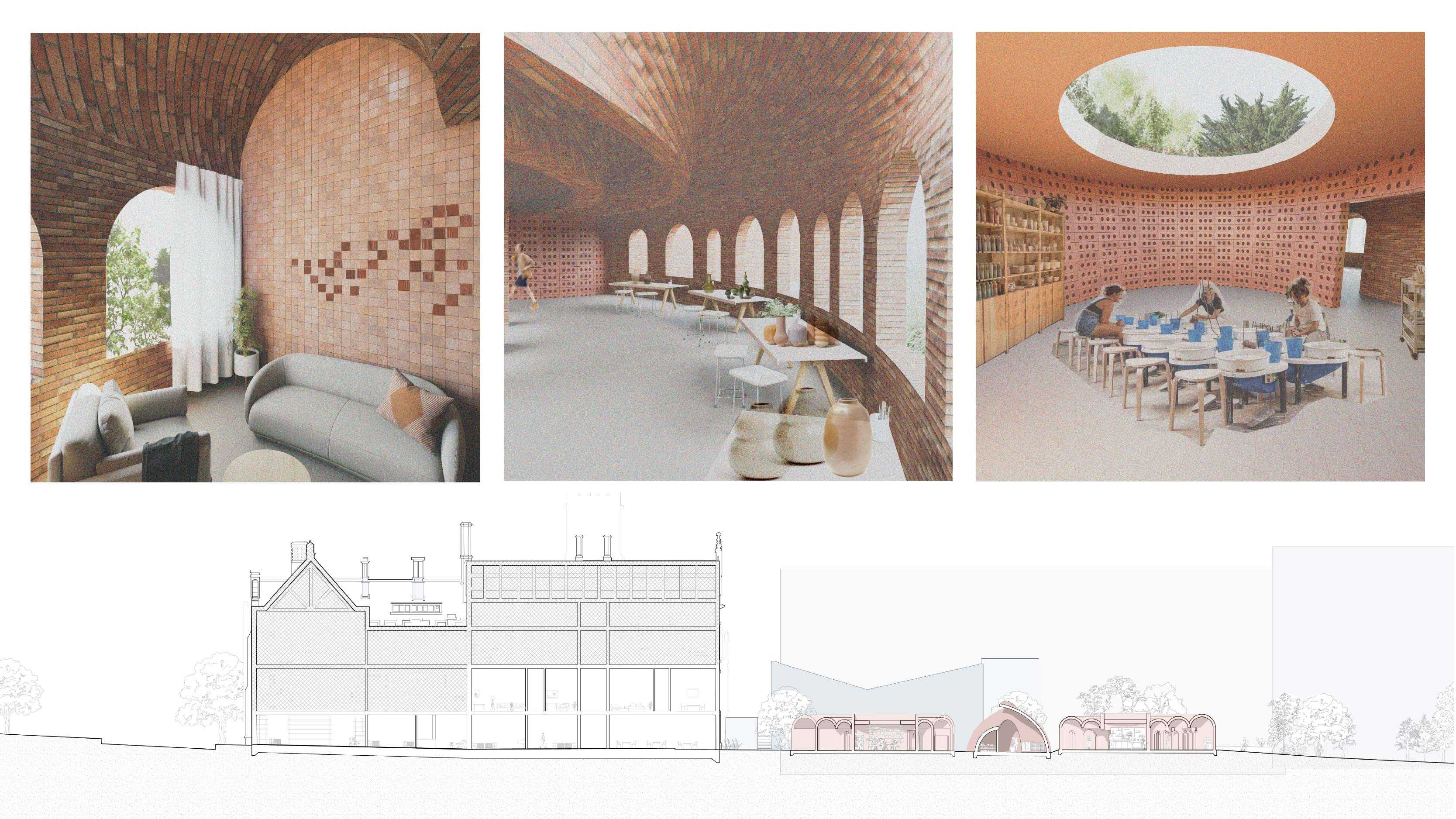 Renders - Interview Room, Individual Ceramic working spaces, Wheel Throwing workshop. 