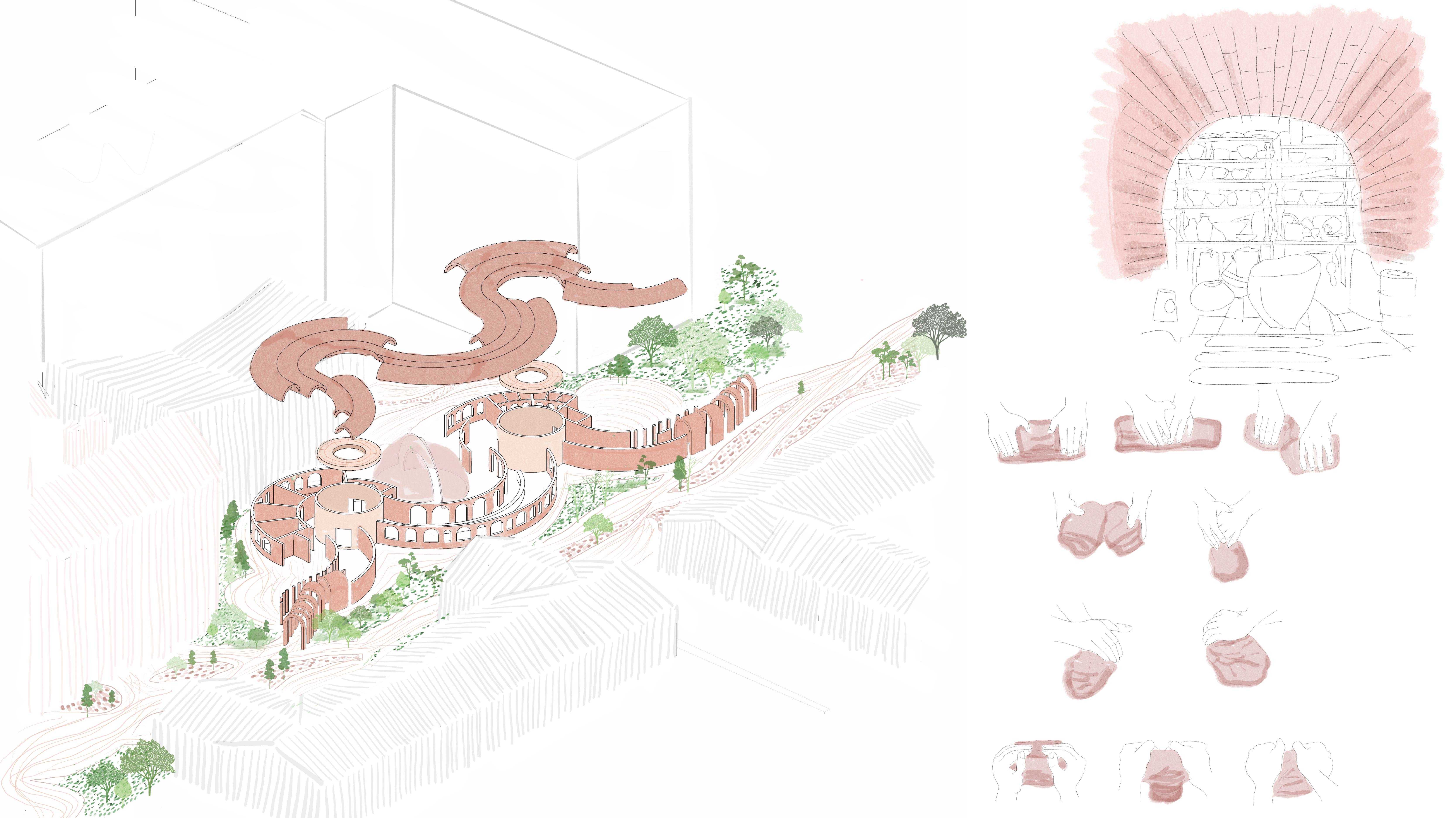 Exploded Axo, Inside a Climbing Kiln Sketch, Sketch of hands connection with clay