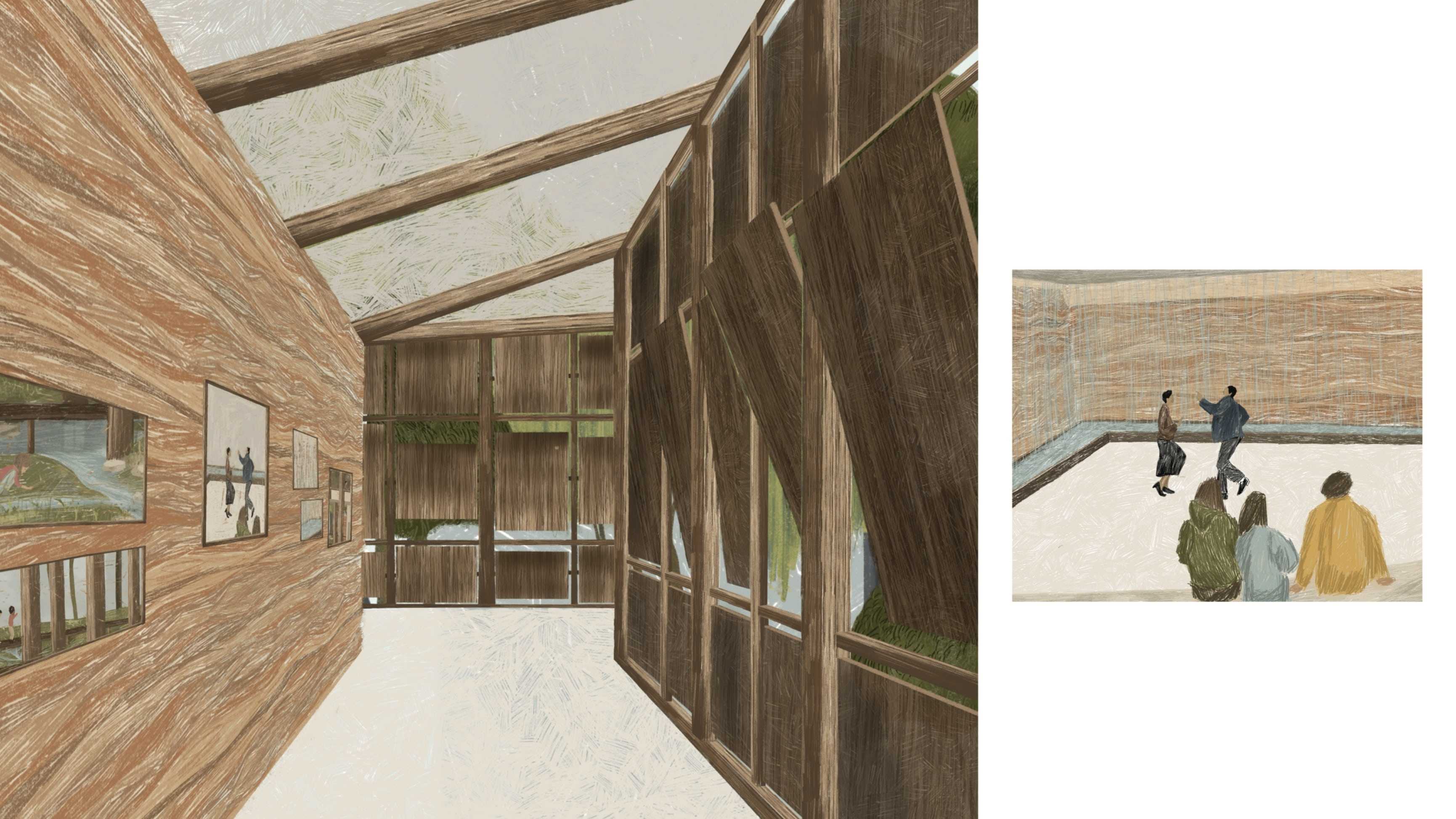 Theatre circulation enables spaces of celebratory exhibition of indigenous works to form. The central rammed earth wall unifies form with country, allowing art to be celebrated as a tenet of the latter.
