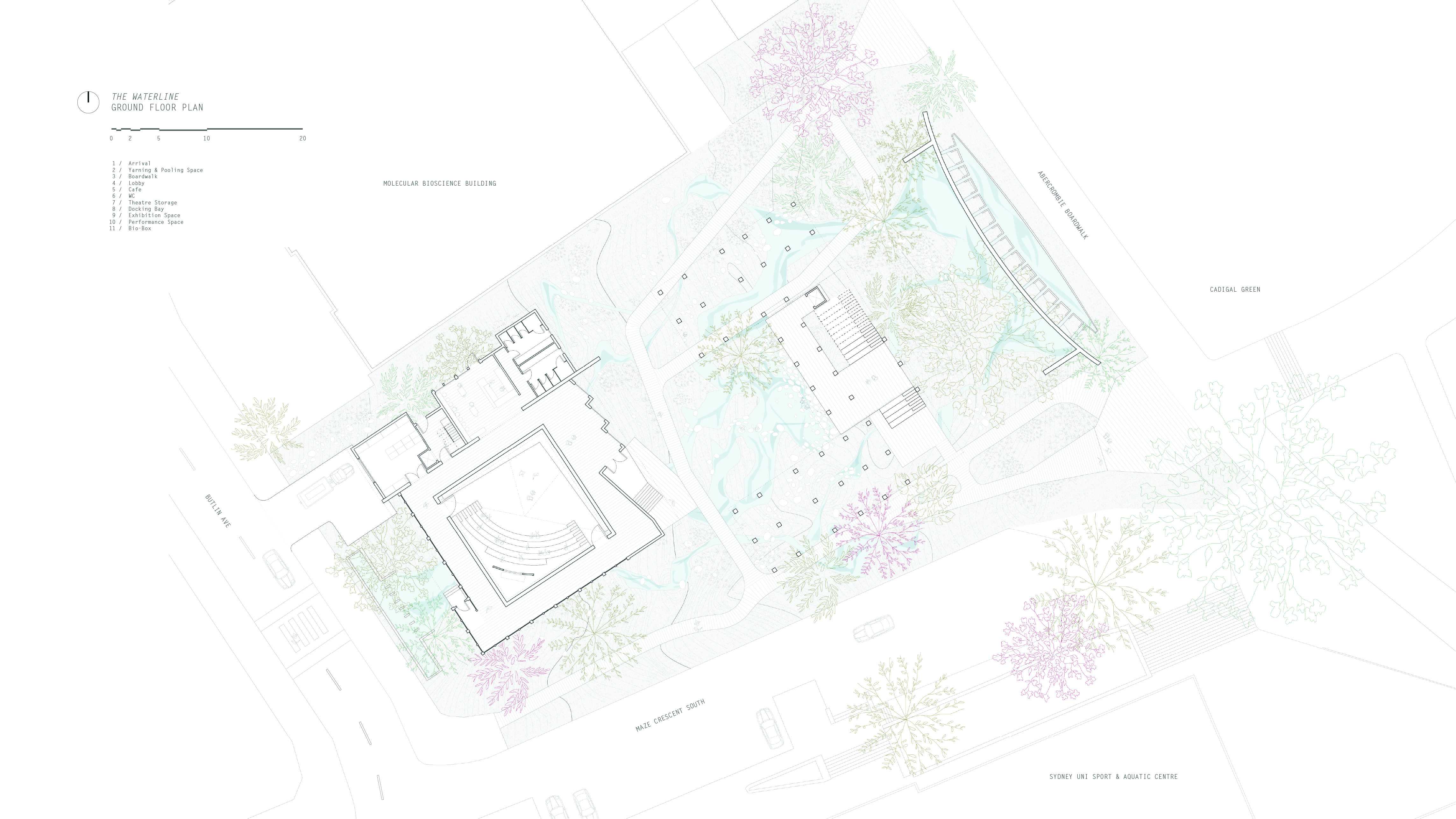 Water arrives and settles within the site, forming quiet pools that draw people together. The simple, lightweight assembly of the concave-pitched roofing of the building facilitates flows of water, funnelling it inwards towards the yarning and performance spaces. 
