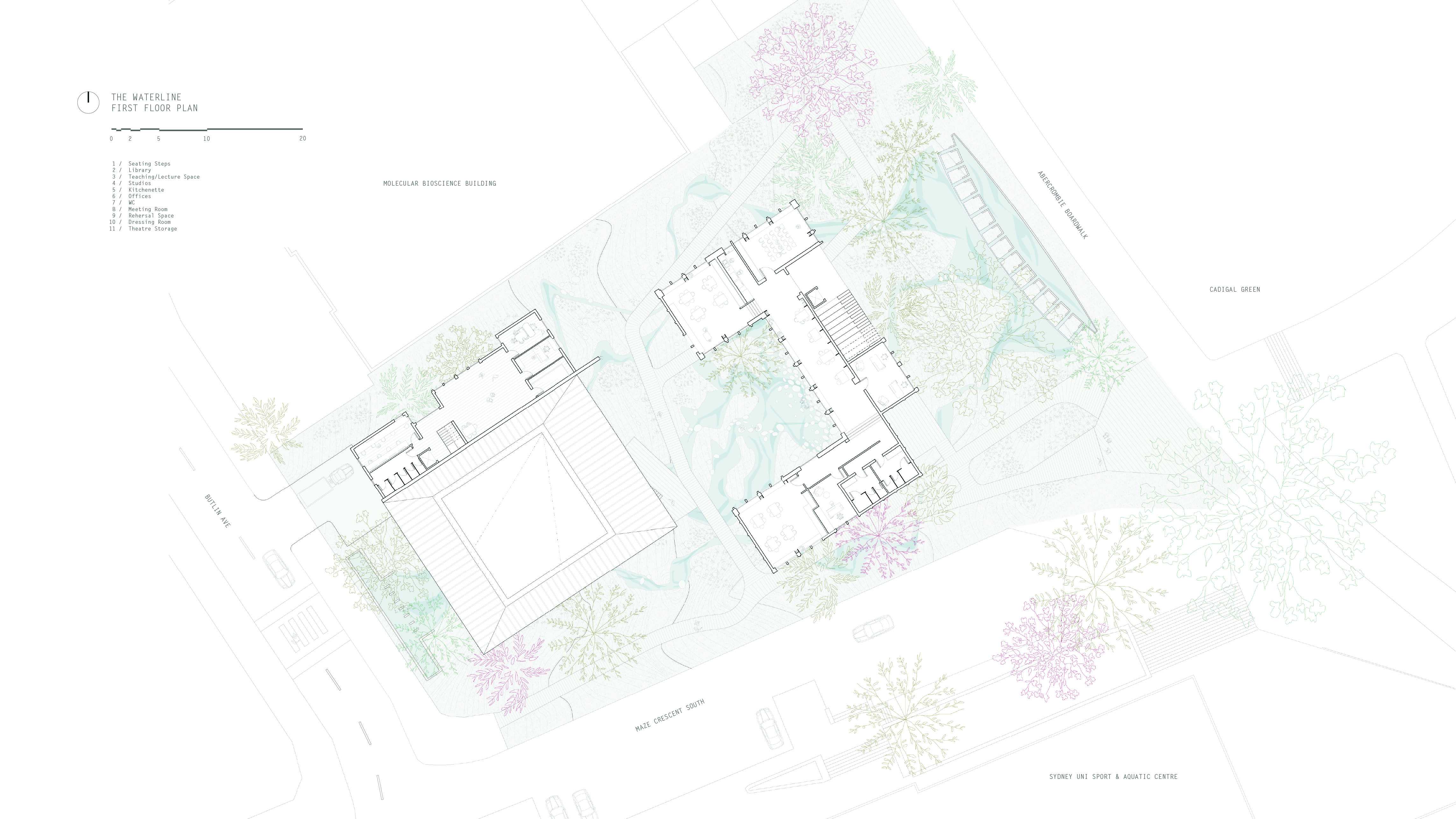 Vast open & operable stretches of the learning centre create continual connection between spaces of education within the building, and spaces of yarning around water on the ground. Spaces, though functionally separated, still operated in harmony with one another through this consistent sharing of moments.