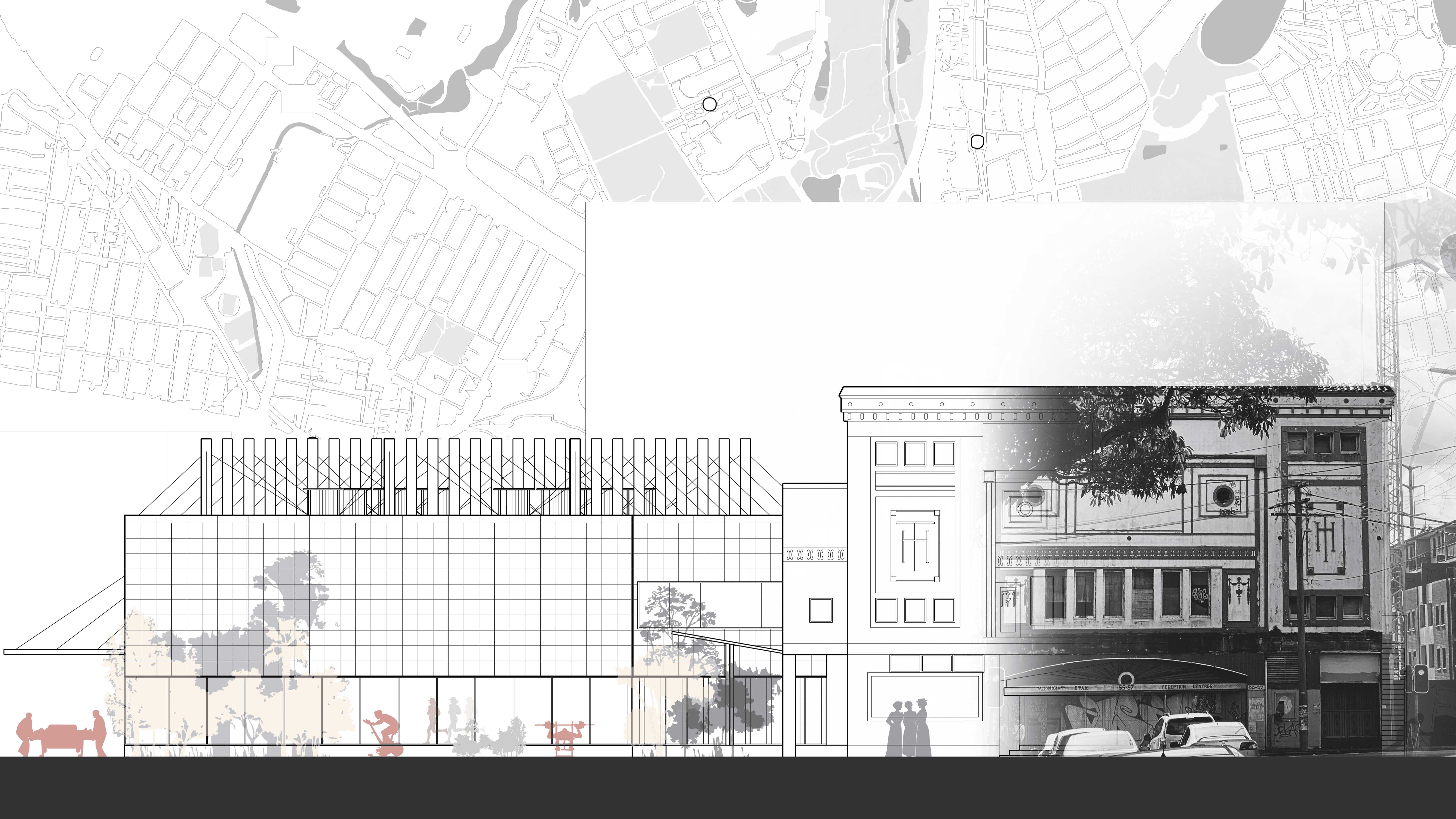 The Midnight Star’s facade reimagined, a pedestrian arrival view from the train station