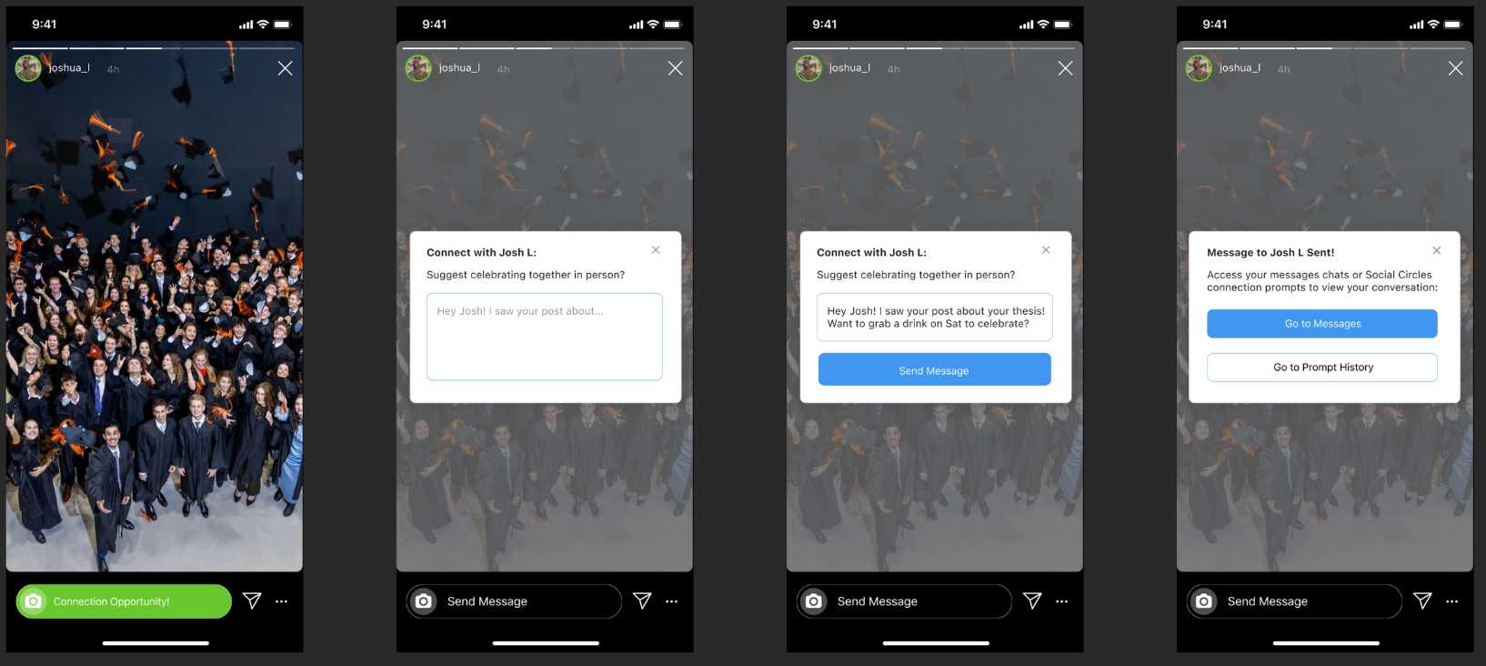 4 screen prototypes of the connection opportunity prompts from Instagram Circles