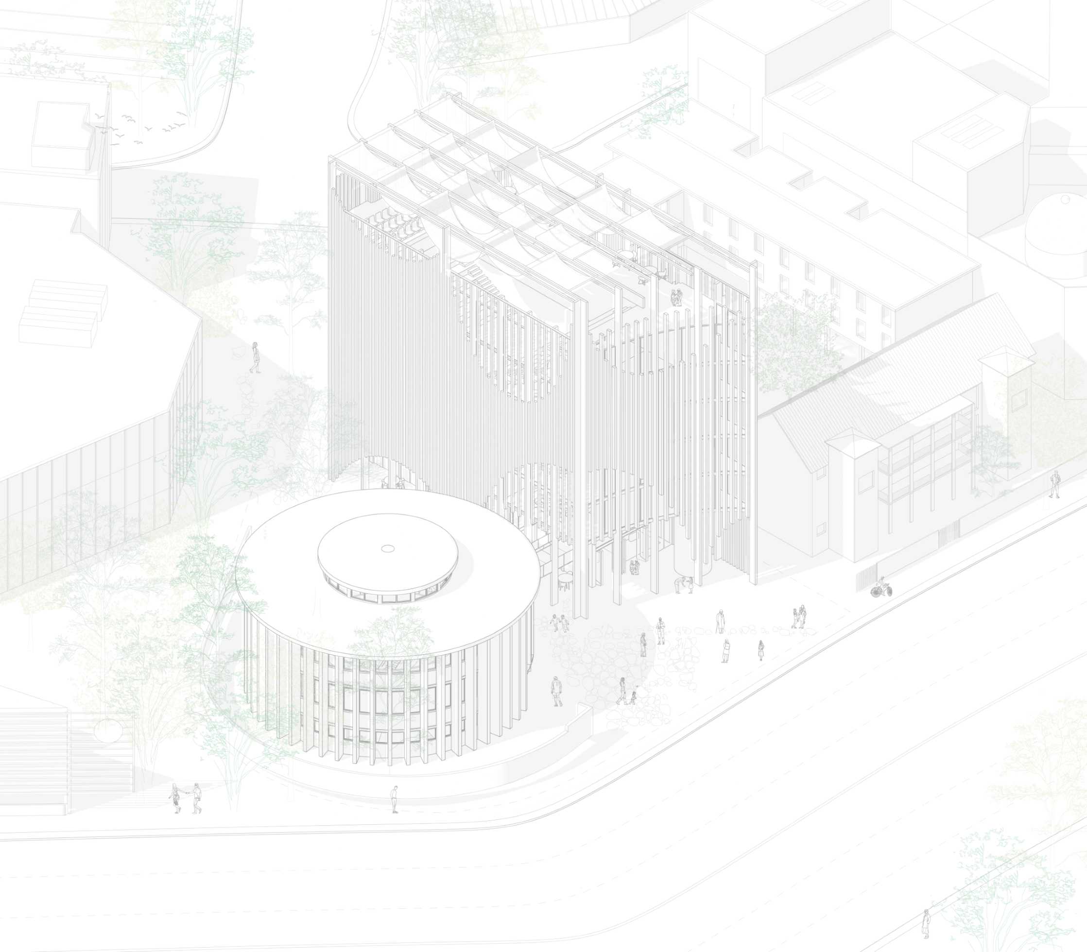1:100 Axonometric of 'Where we Meet' from North-East of site.