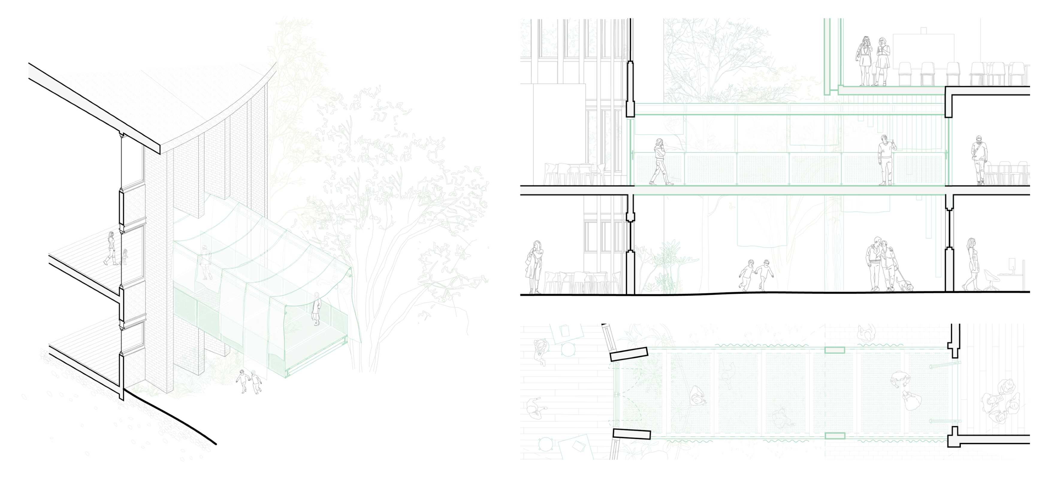 1:50 Isometric Detail (Left) | Footbridge spanning between the two adjacent buildings, connecting old to new. 1:50 Section & Plan (Right)