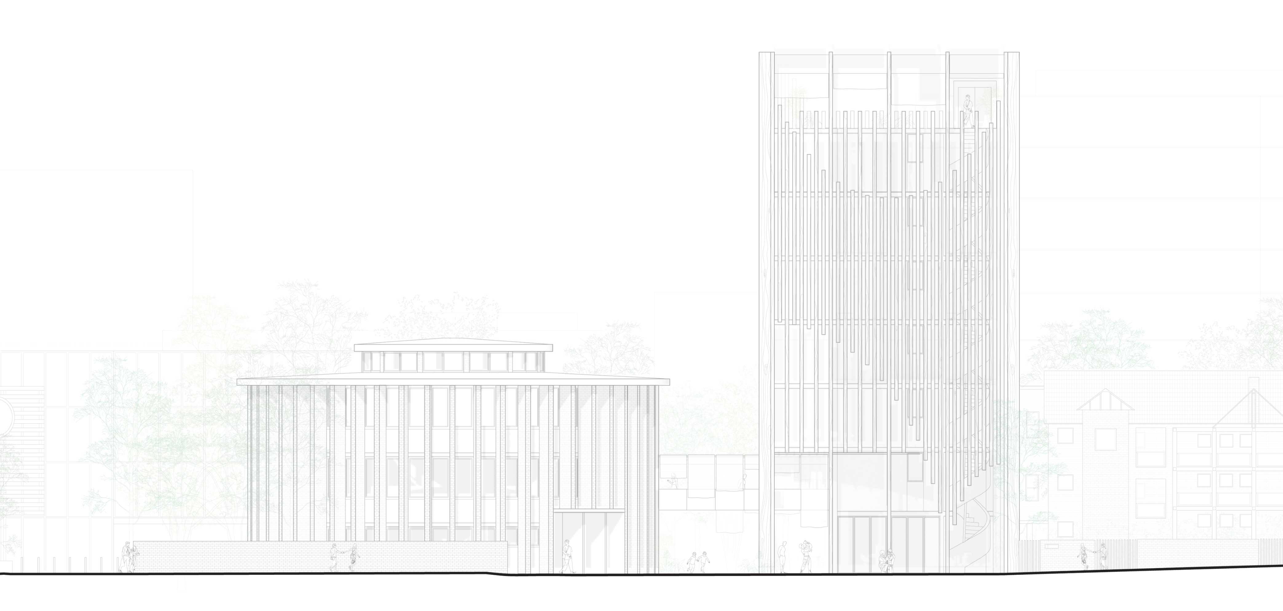 1:100 Elevation showing front facade & connection between each building on site.