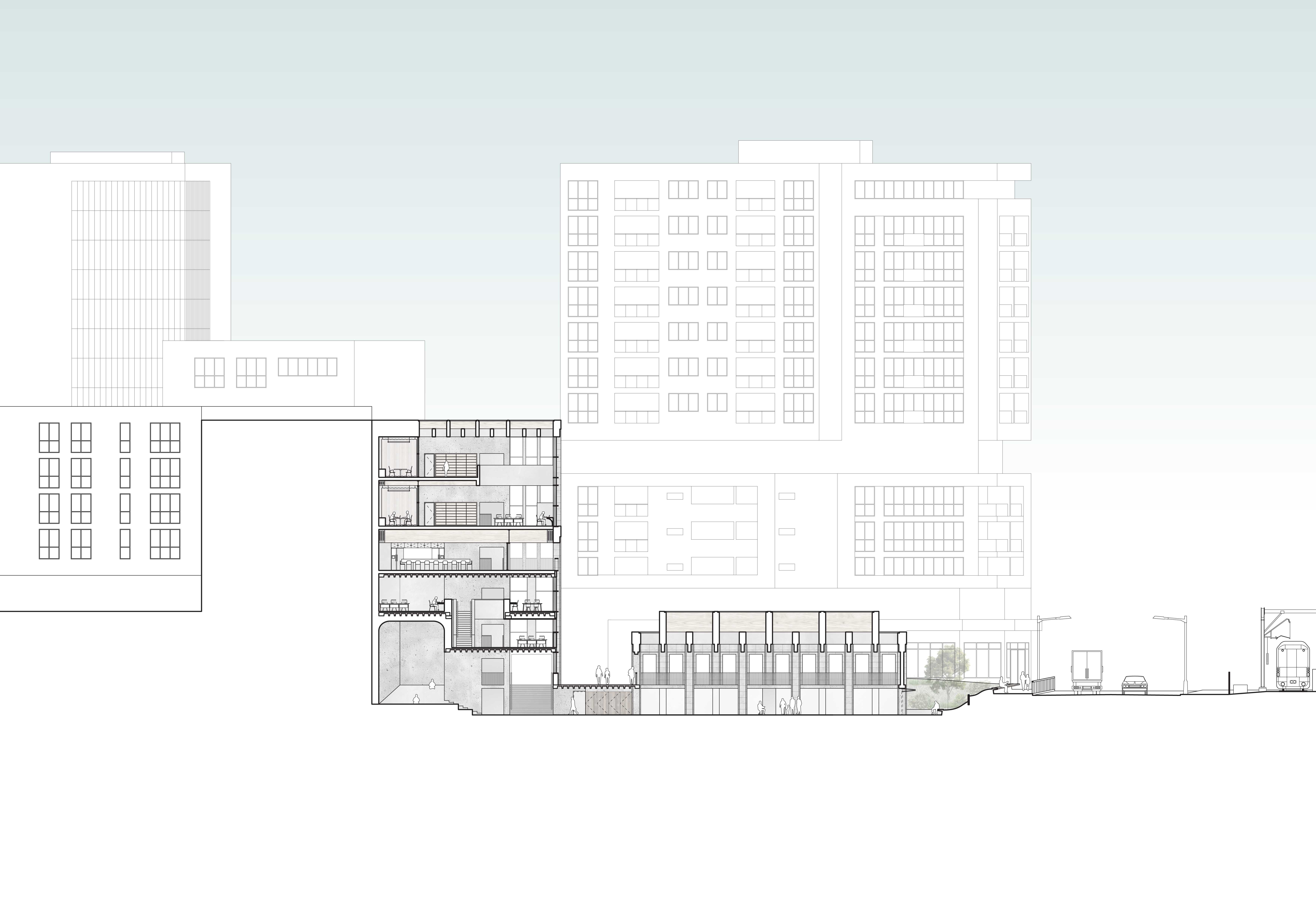 Longitudinal section through the Public Faith Institute and Sacred Stoa, juxtaposed against Auburns dense urban scenography.