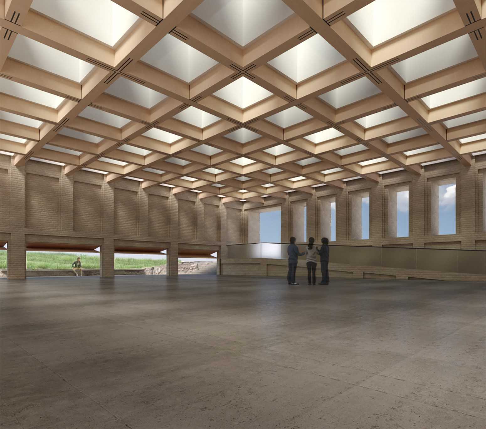 Interior view within the Sacred Stoa looking east from the threshold of the Public Faith Institute toward the main entry promenades from the public domain.