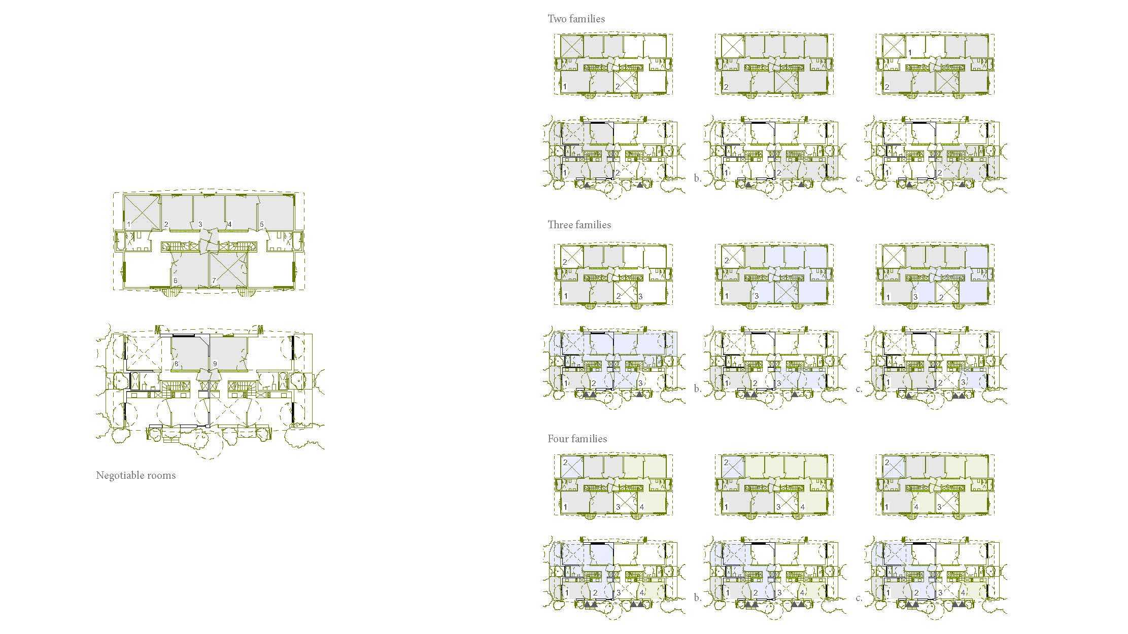 Up to nine rooms can be negotiated between units, accommodating for growing or shrinking family sizes. This porosity also allows one, two, three or four families to reside under the one roof. 