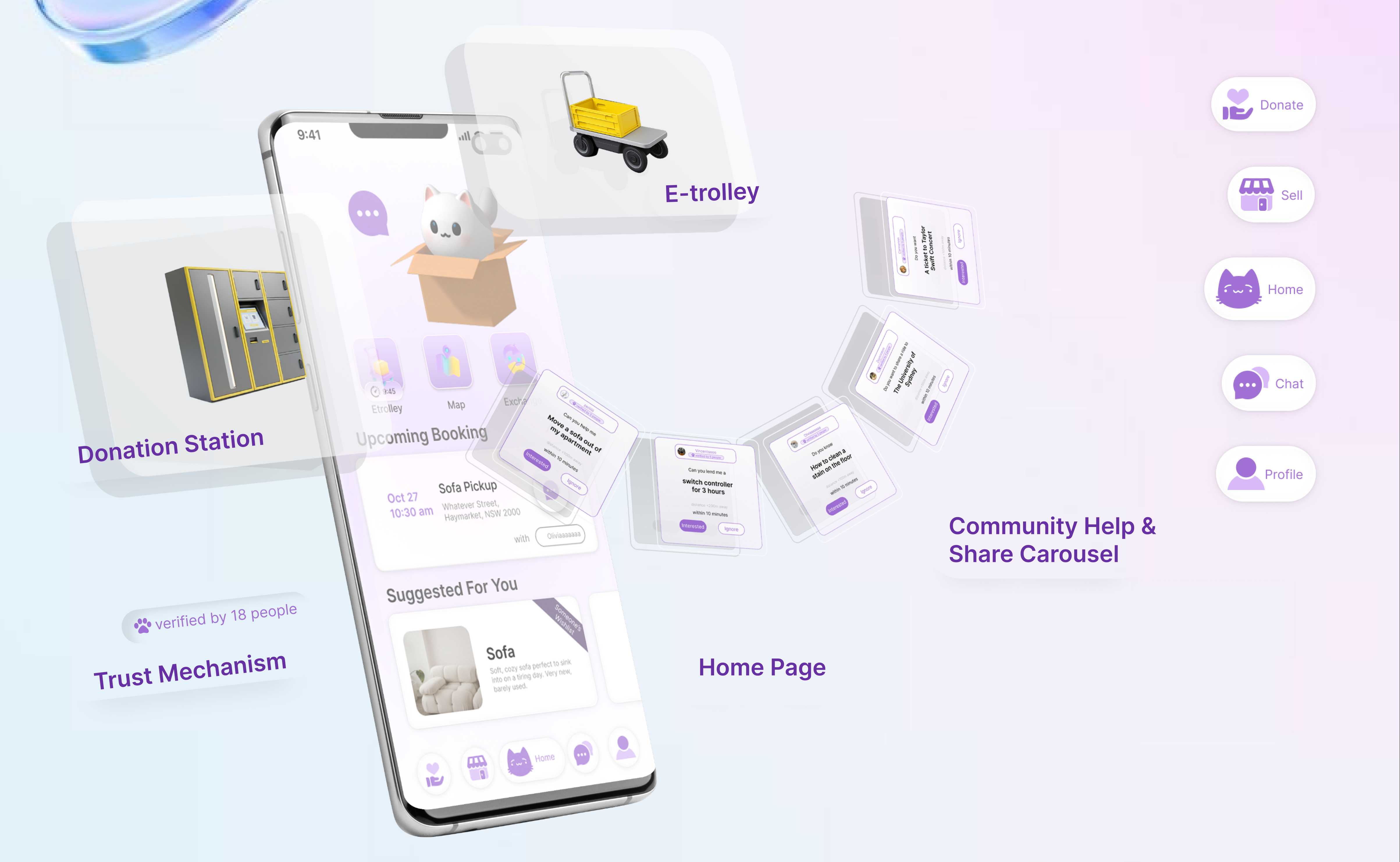 SettleSync uses the Awa-y app, donation stations, and e-trolleys to offer safe, simple ways to pass on items locally, turning relocation into an opportunity to connect with the community.