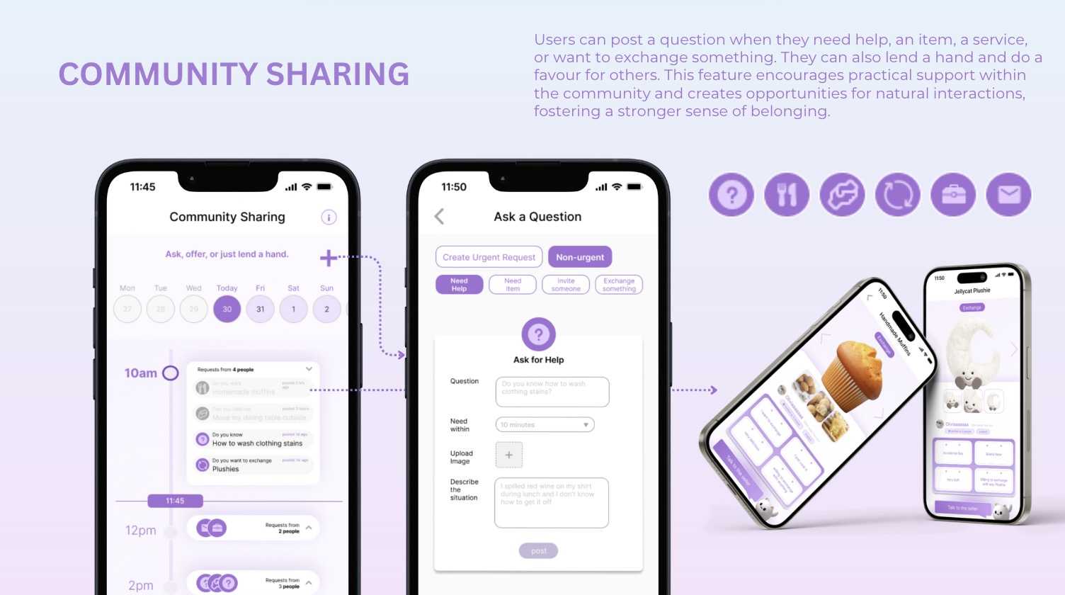 Users can post a question when they need help, an item, a service, or want to exchange something. They can also lend a hand and do a favour for others. 