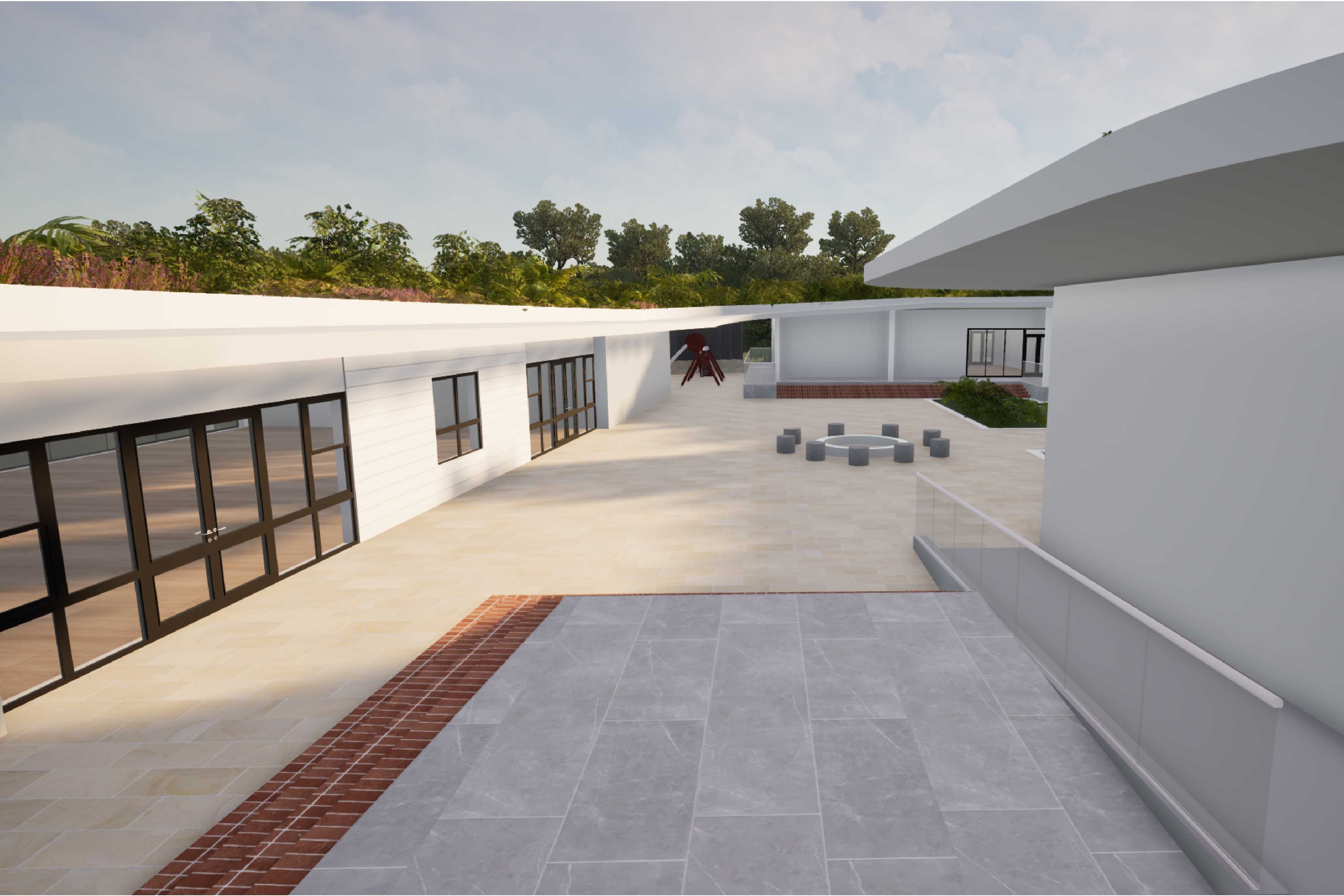 Main Entry point, looking down into courtyard space. Demonstrates central access towards the events space, southern playground and gathering area for yarning and story telling.

