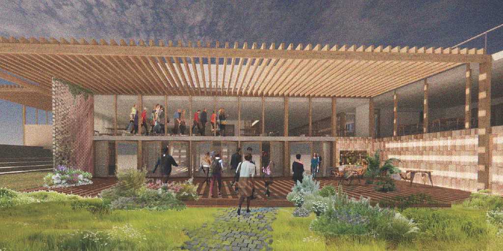 The Maze Crescent South entrance welcomes visitors with an overarching, sun-diffusing roof that softens light and creates a comfortable, shaded threshold ideal for community gathering, meeting, and culturally grounded arrival.