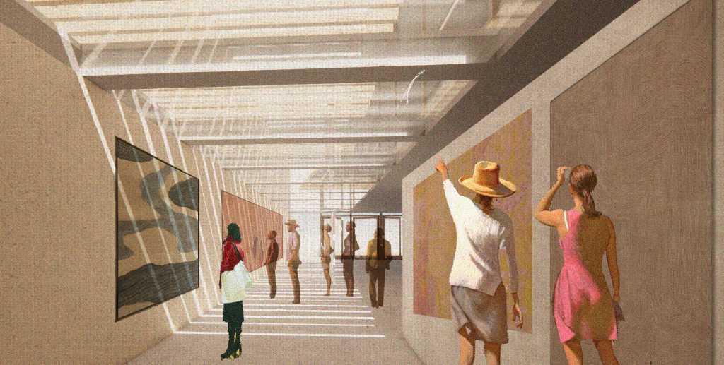 The exhibition space layers skylights and a louvred roof to gently diffuse sunlight, creating a calm atmosphere that protects the artworks, allowing them to be displayed with clarity and care.