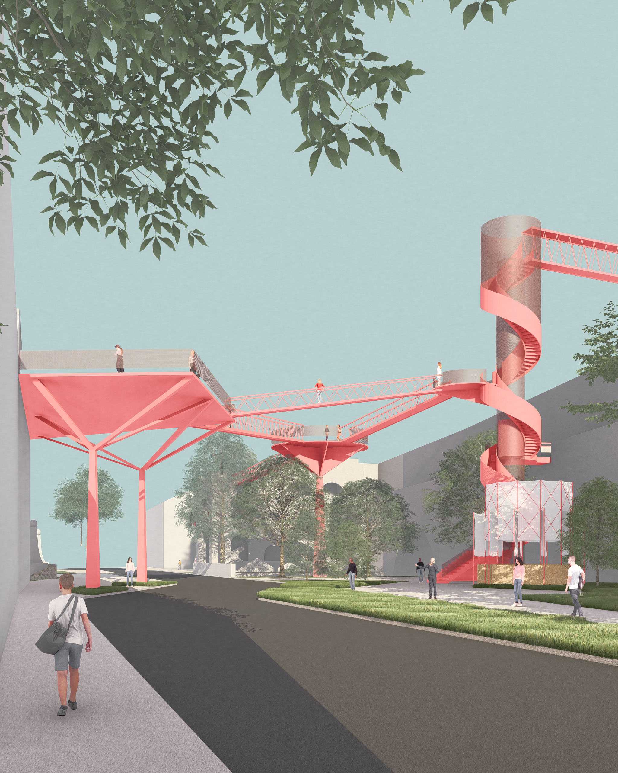 View of Cumberland Street showing new interventions that reconnect spaces acrossmultiple levels, including a newly introduced pedestrian bridge over the highway (the routethat leads toward the Sydney Harbour Bridge).