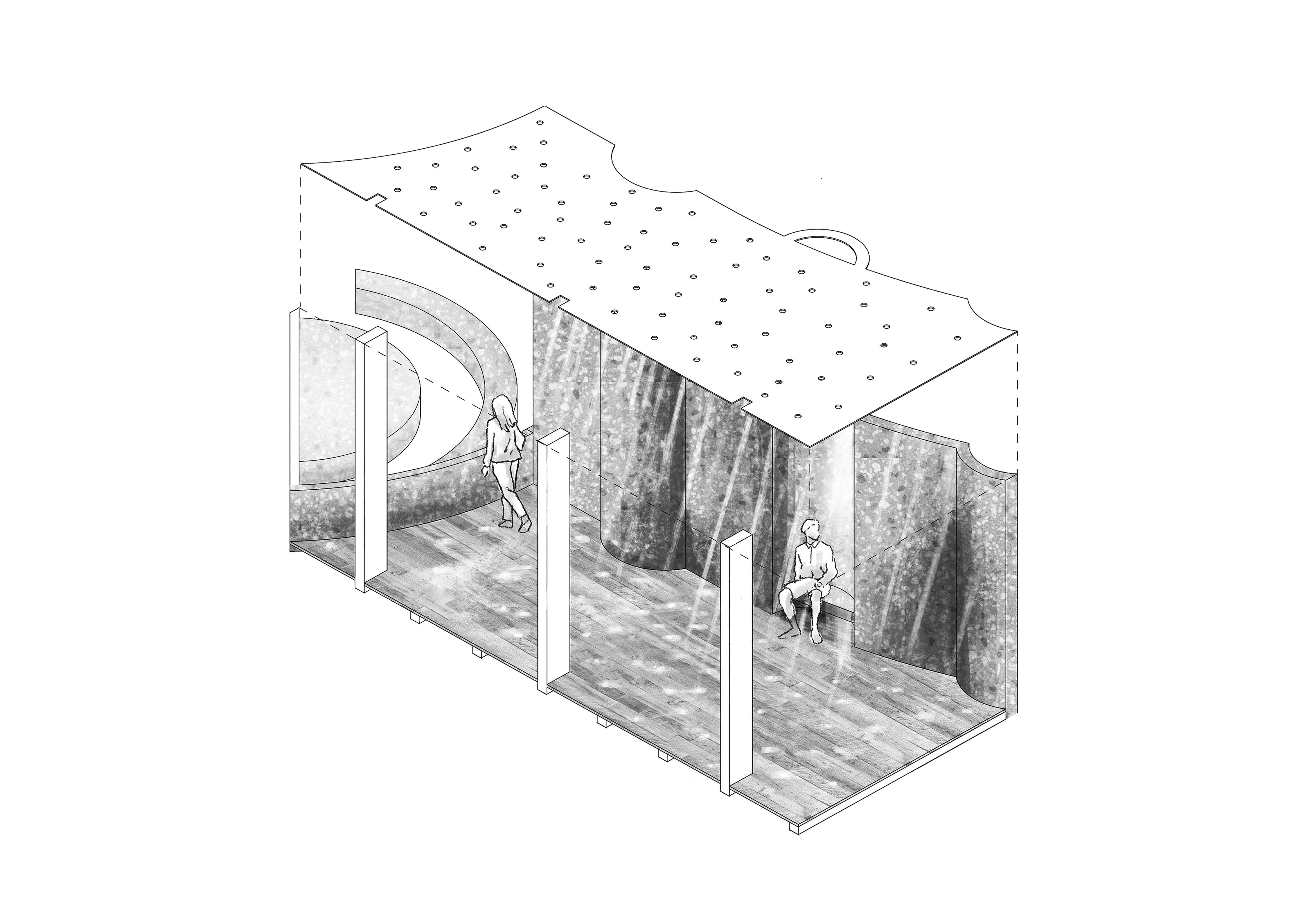Threshold detail
Shows skylights puncturing the roof, casting light into the space, while a lookout frames views into the yarning circle.