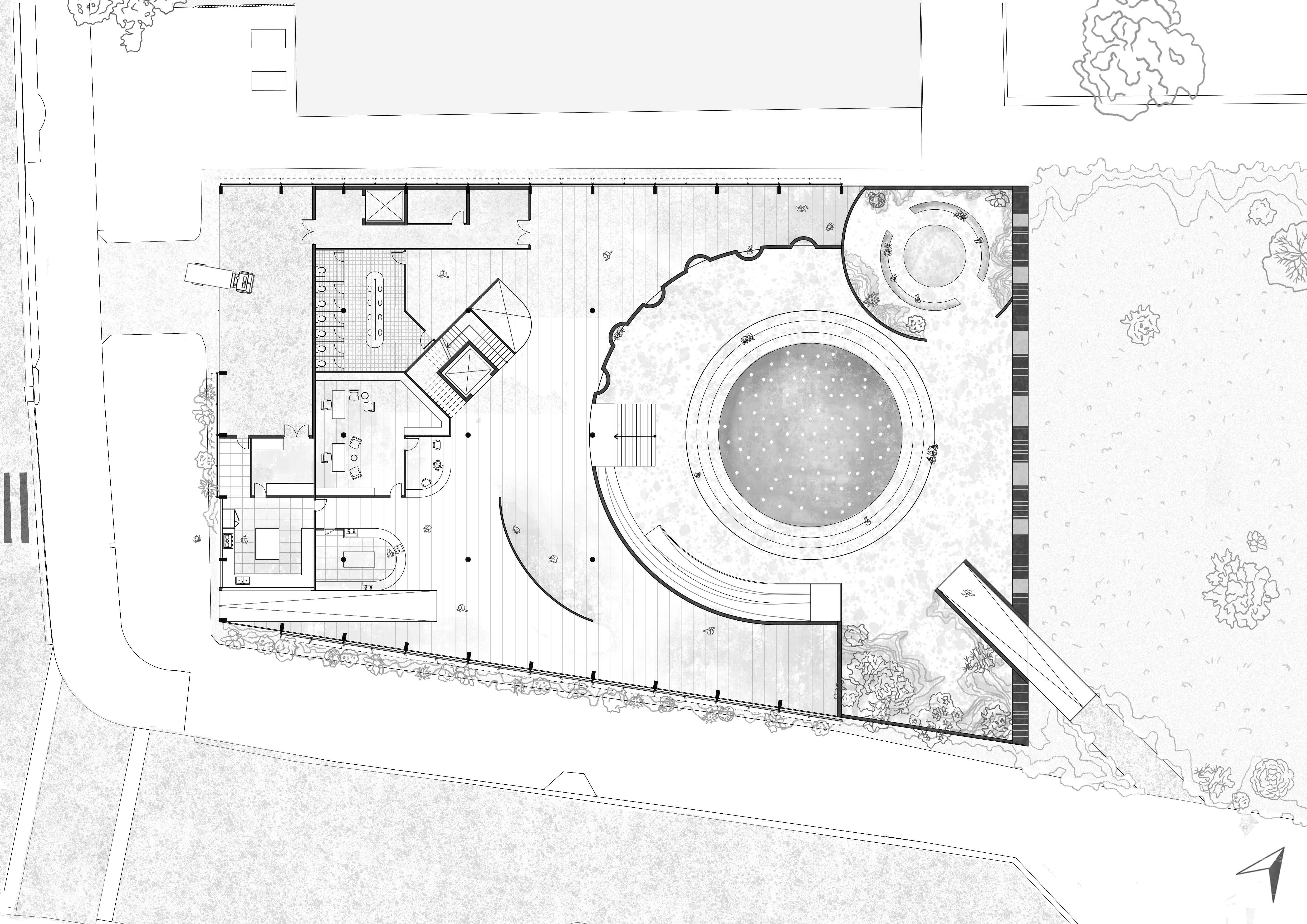 G/F plan
Curved seating along the the edges of walls protrude inwards and outwards to create intimate spaces that create a moment of pause and reflection.