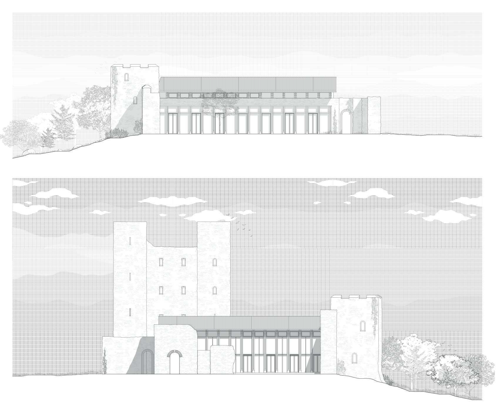 The new timber framework aligns with the historic envelope, revealing a contemporary performance space that maintains the castle’s massing, rhythm and landscape presence.