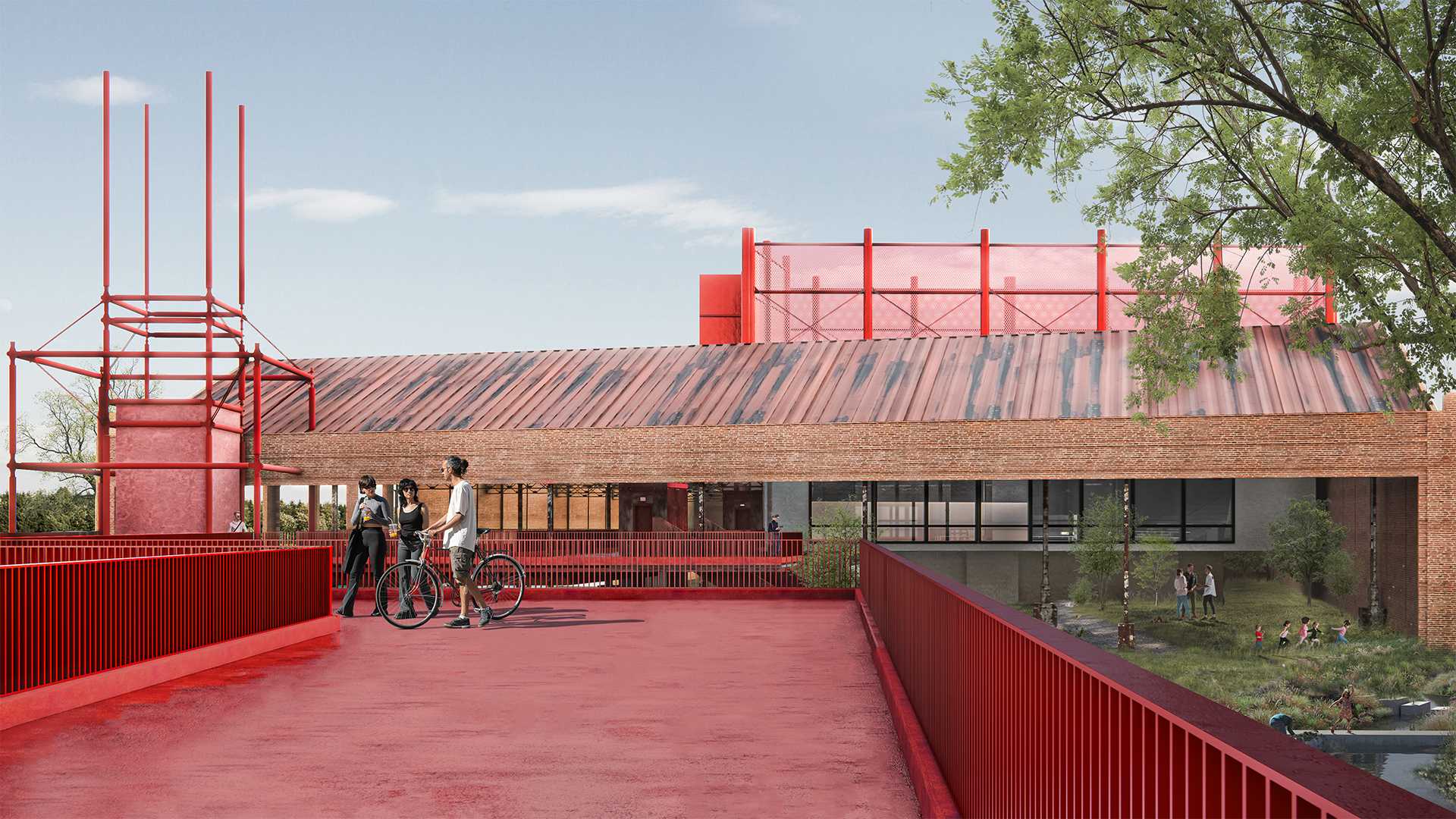 A first glimpse from Newtown Station: the red tower rises beside the walkway, signalling arrival and drawing visitors into the gentle threshold between King Street’s intensity and Erskineville’s calm.