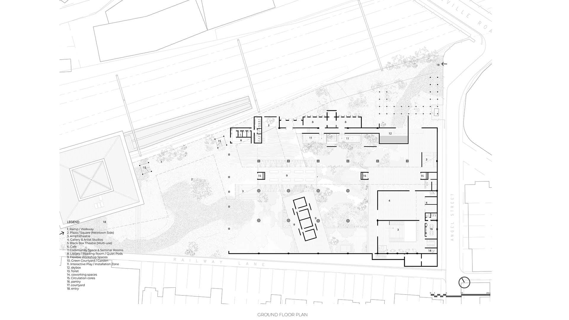 The ground-floor plan choreographs a gentle shift in temperament, guiding visitors through plazas, workshops and gardens as they move from King Street’s lively edge into quieter pockets of reflection and retreat within the depot.