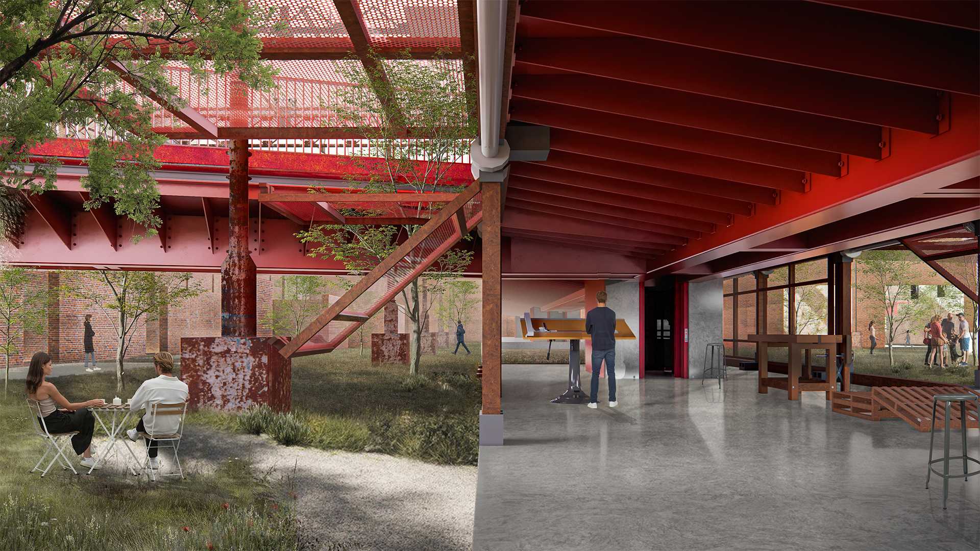 Workshops tucked under the walkway create adaptable zones where users choose their level of engagement, from quiet making to shared activity, mirroring the project’s temperament-based gradient of participation.