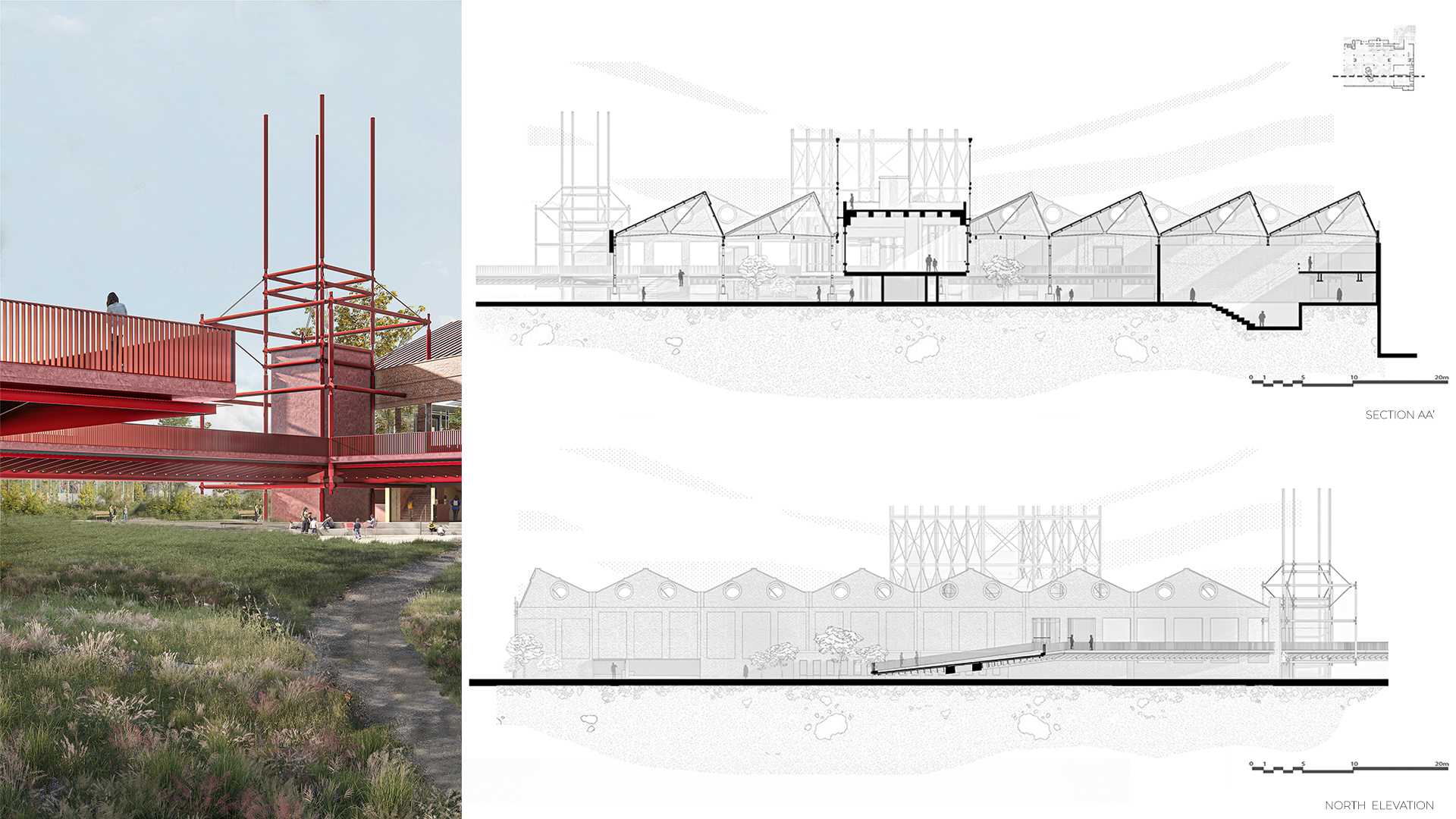 The tower marks the site like a quiet beacon, and the rising ramp uncovers platforms and rooms that shift in scale and mood, guiding visitors through changing spatial rhythms.
