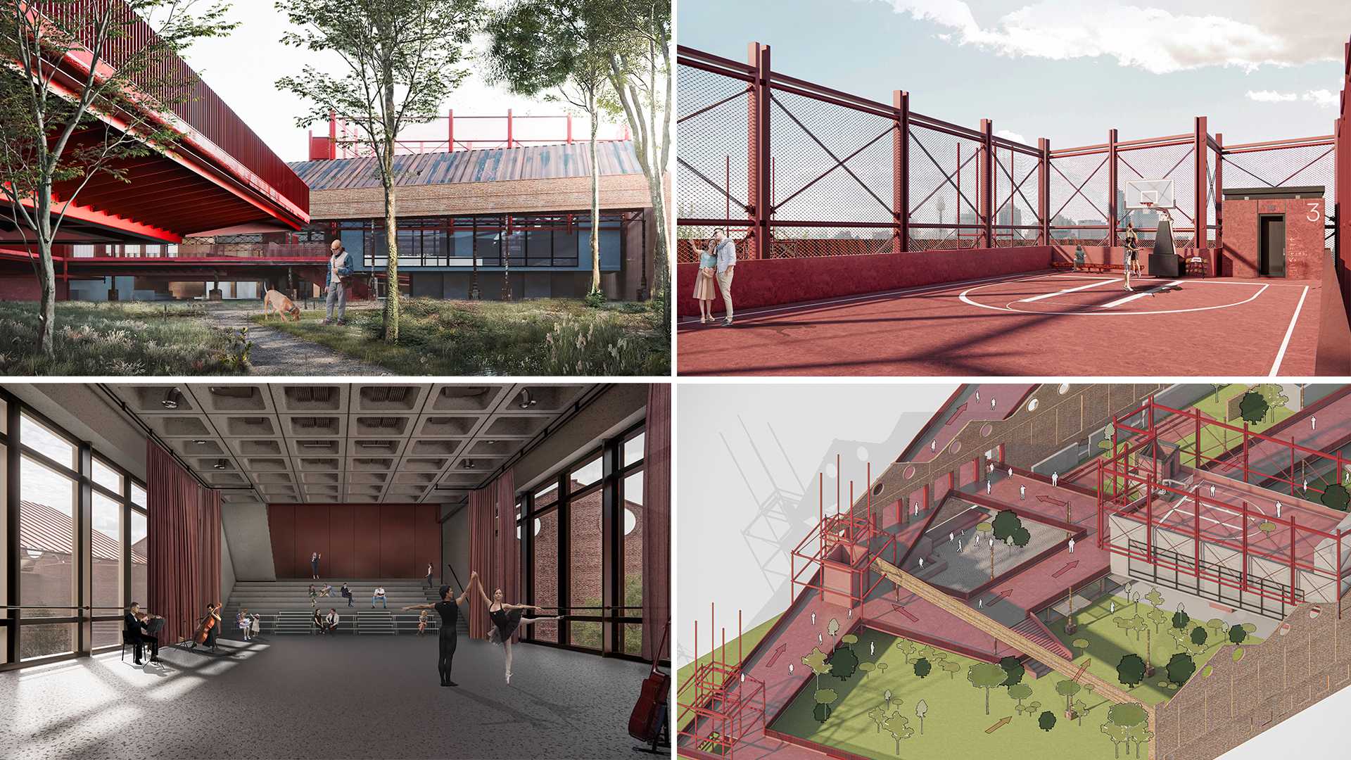 Movement arcs through the courtyard, rooftop court, and studio, inviting play and performance. These bright, open zones form the project’s outward heartbeat, where the architecture finally exhales into the city.