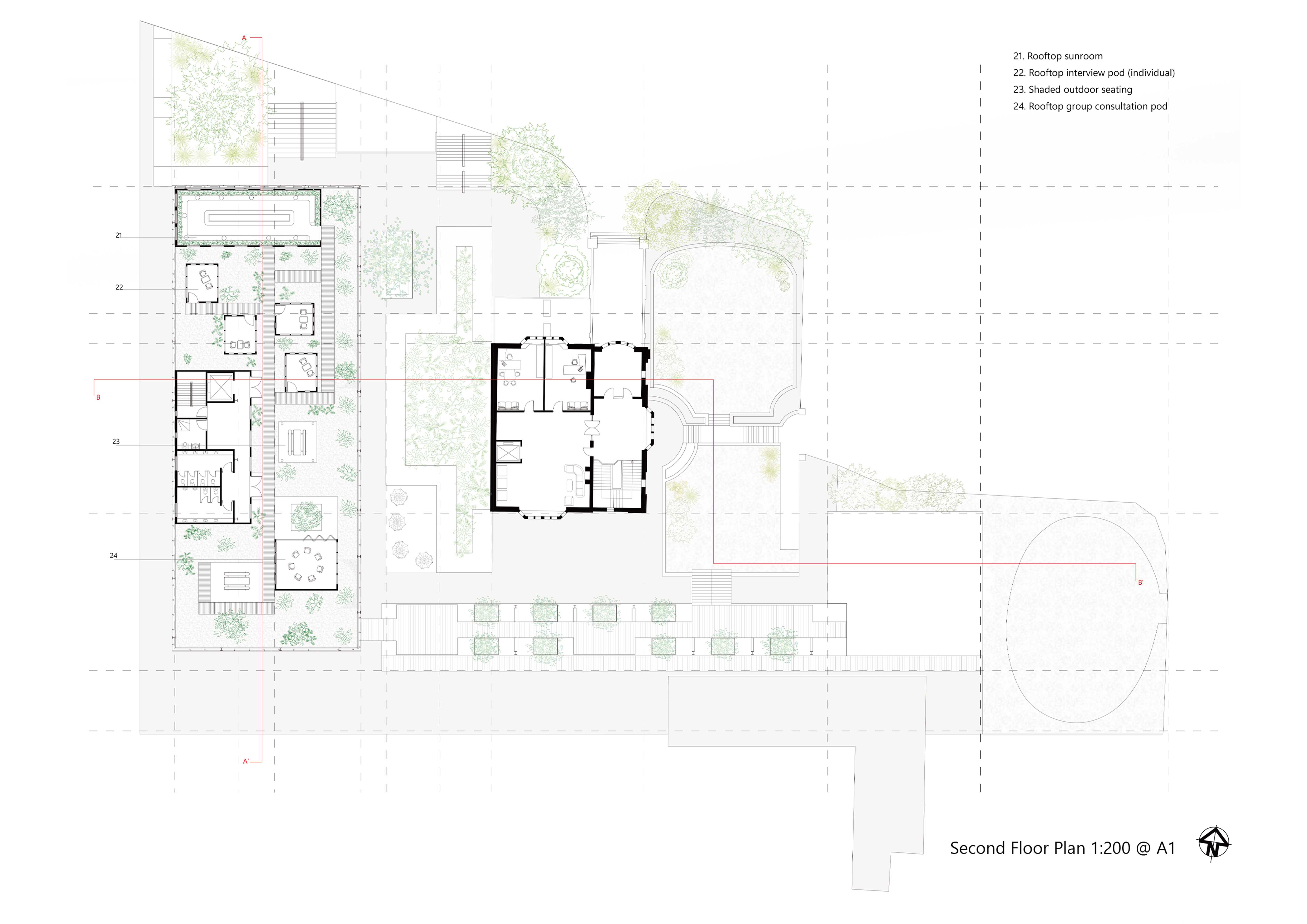 Second level plan - showing the layout of the rooftop garden with healing rooms