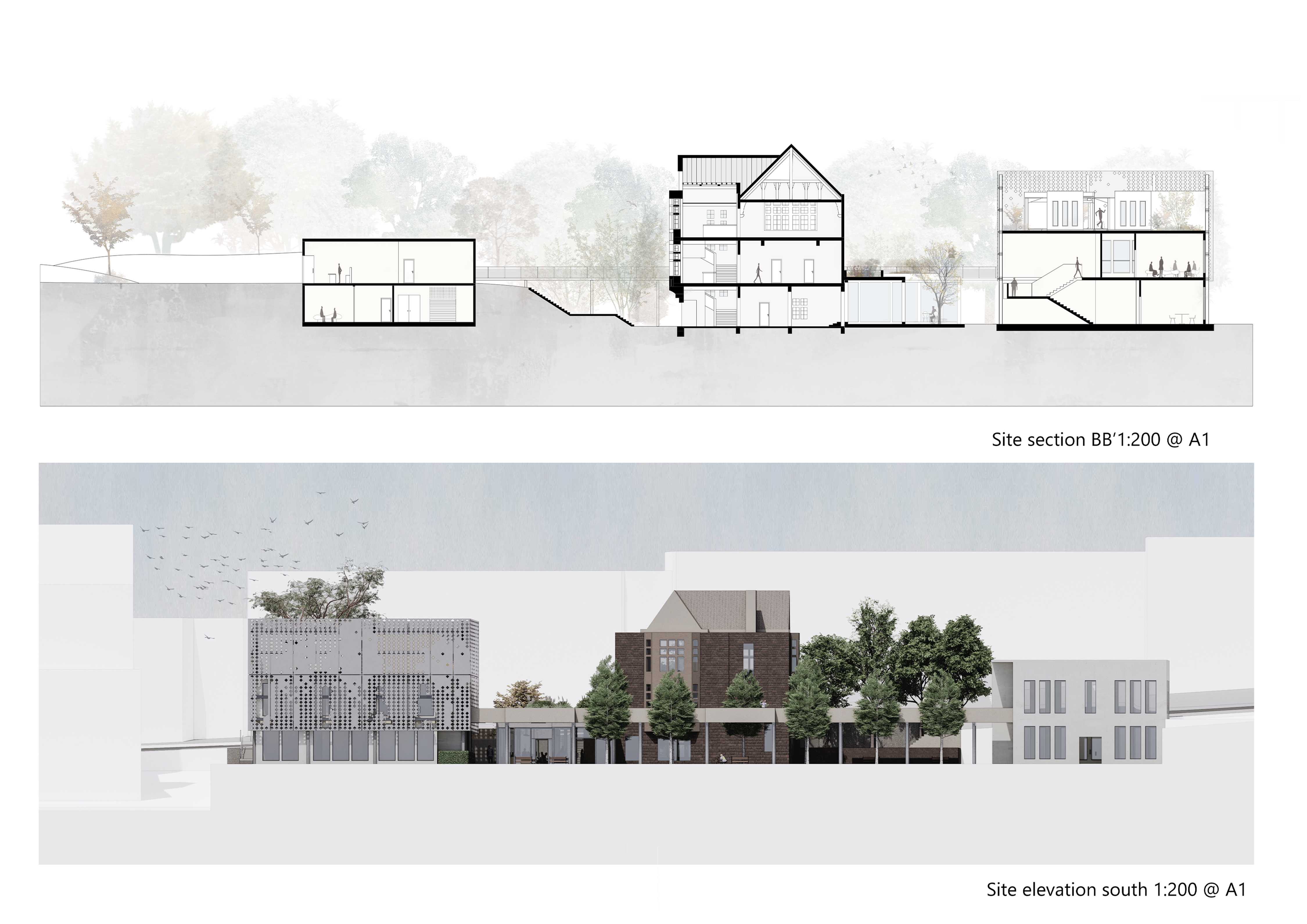 Site section & south elevation - showing each floor, the facade, and building height (in consideration of the Manning House heritage)