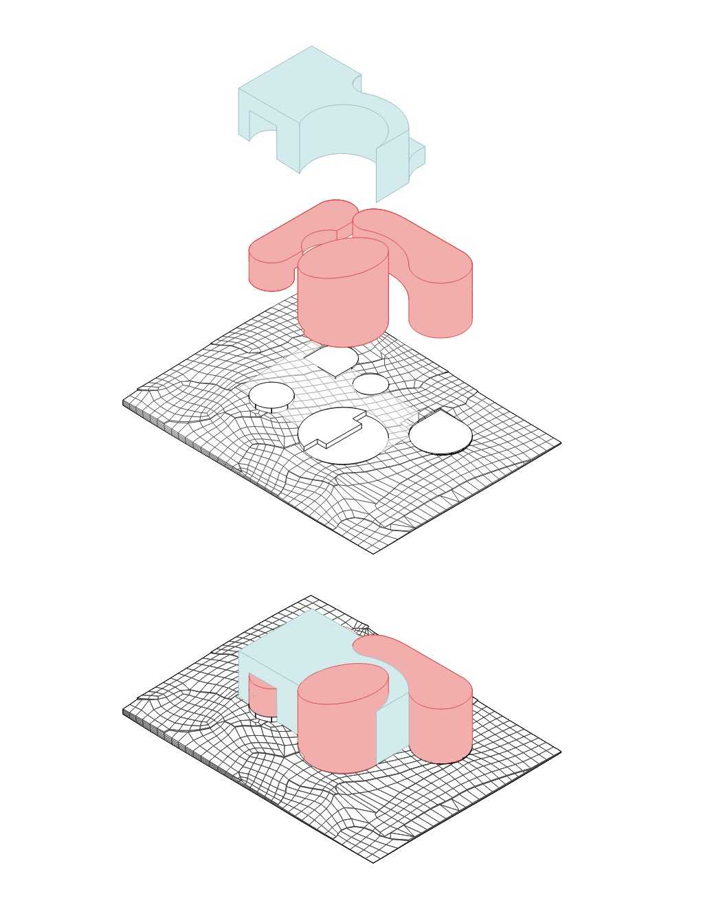 Third Space Diagram. Building mass is represented in red, and "third space" is represented in blue.