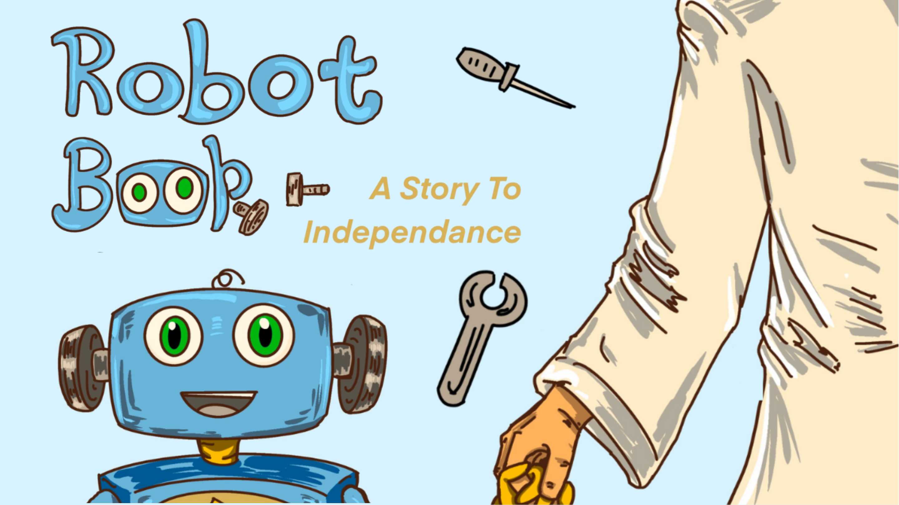 Featuring a soft, pastel art style with rounded shapes and gentle textures, this storybook creates a warm, inviting world where a little robot’s journey to independence feels comforting and playful.