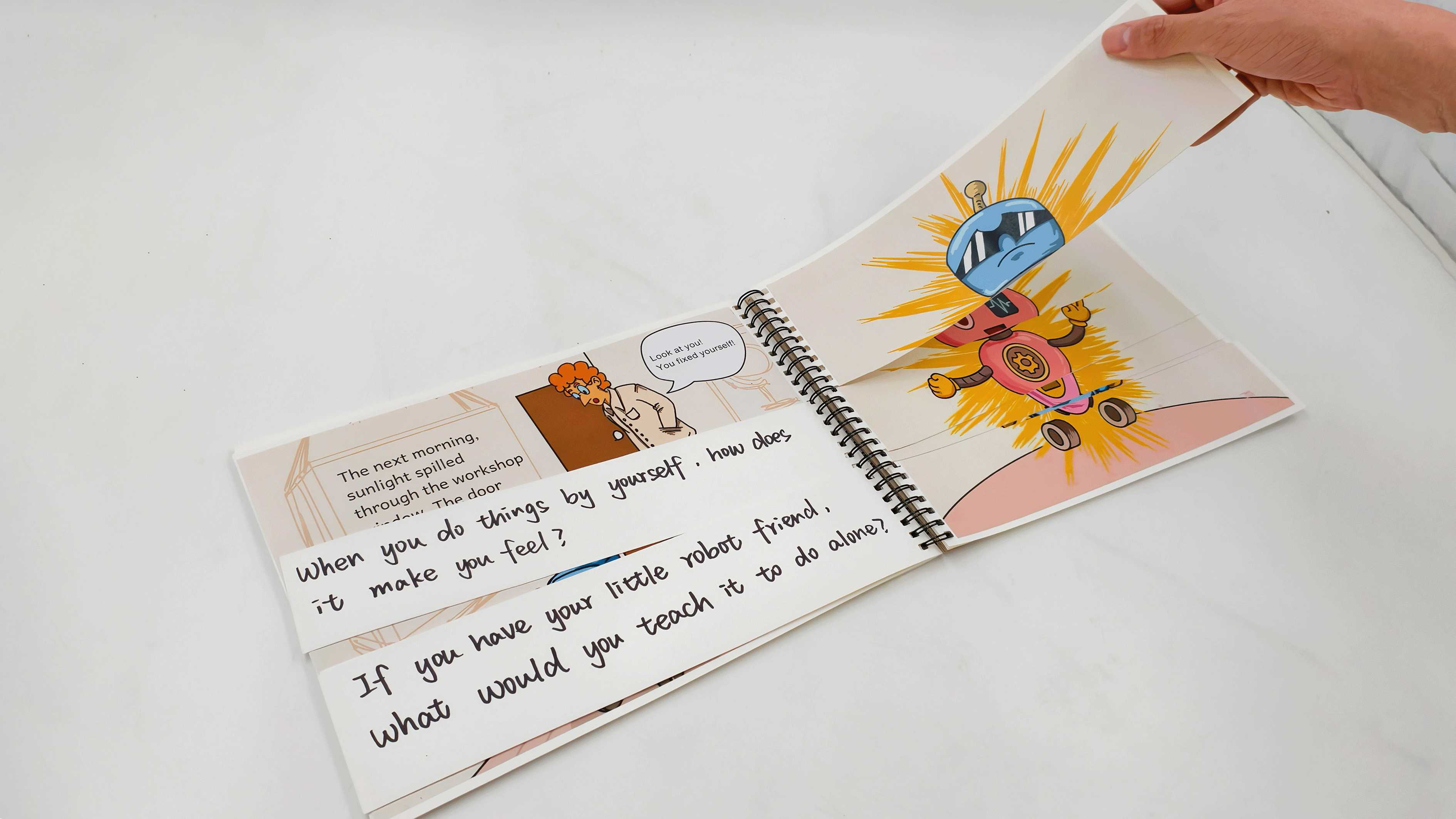 Thought-provoking prompts help children share their experiences, and lifting the flaps reveals their customisable robot, turning reflection into a fun surprise. 