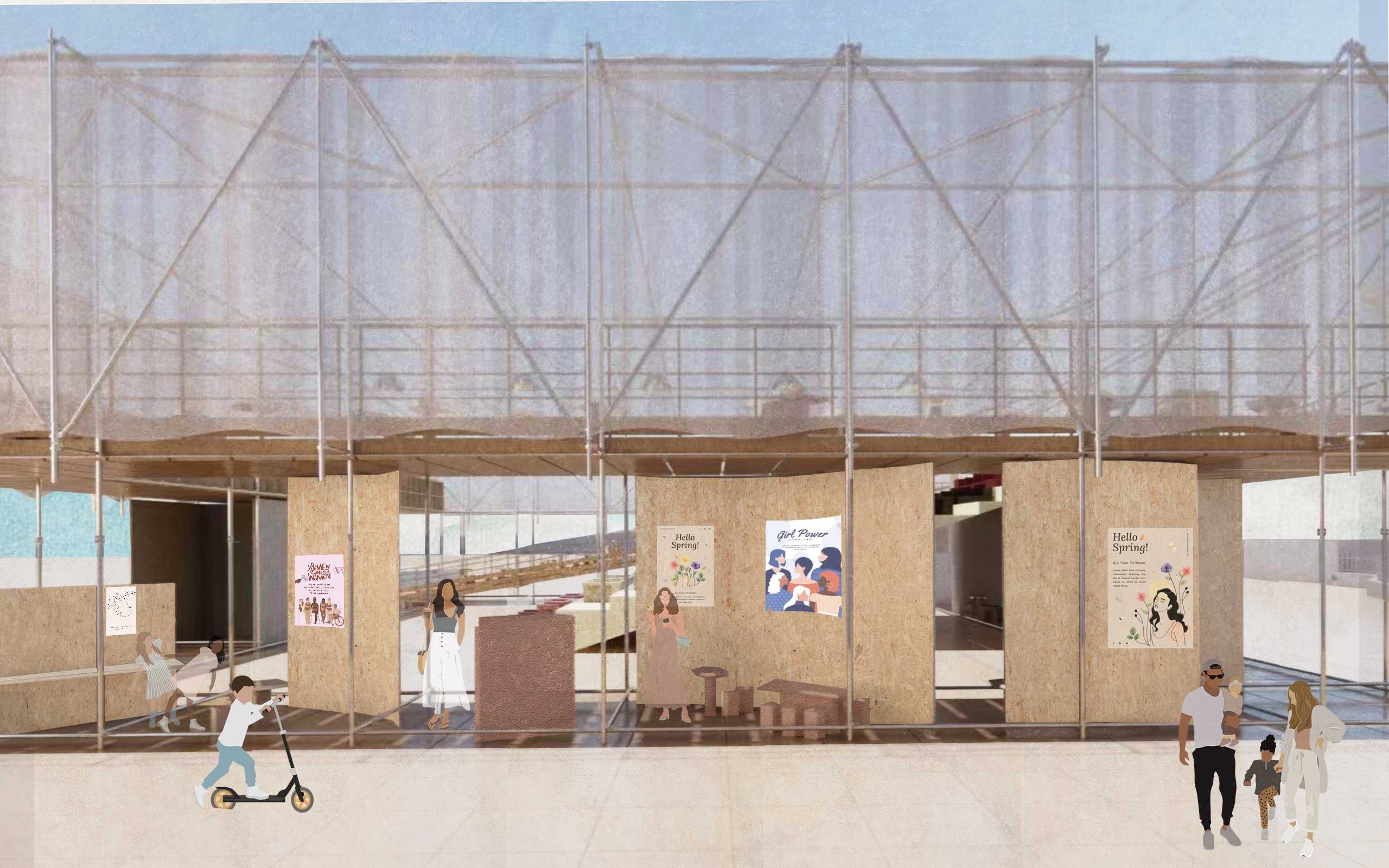 'Public' in Queen Square - Workshop 
An open-air workshop blends nature and creativity, providing flexible spaces for crafts, interaction, exhibitions, and enjoyable nighttime movie viewing experiences.