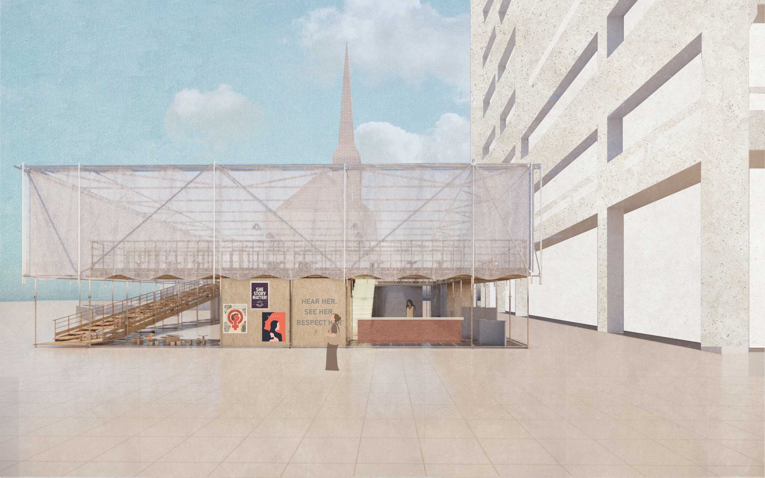 'Public' in Queen Square- Kitchen and Poster
The building features a public kitchen, and posters on the storage walls let more people know that the space offers food for the homeless.