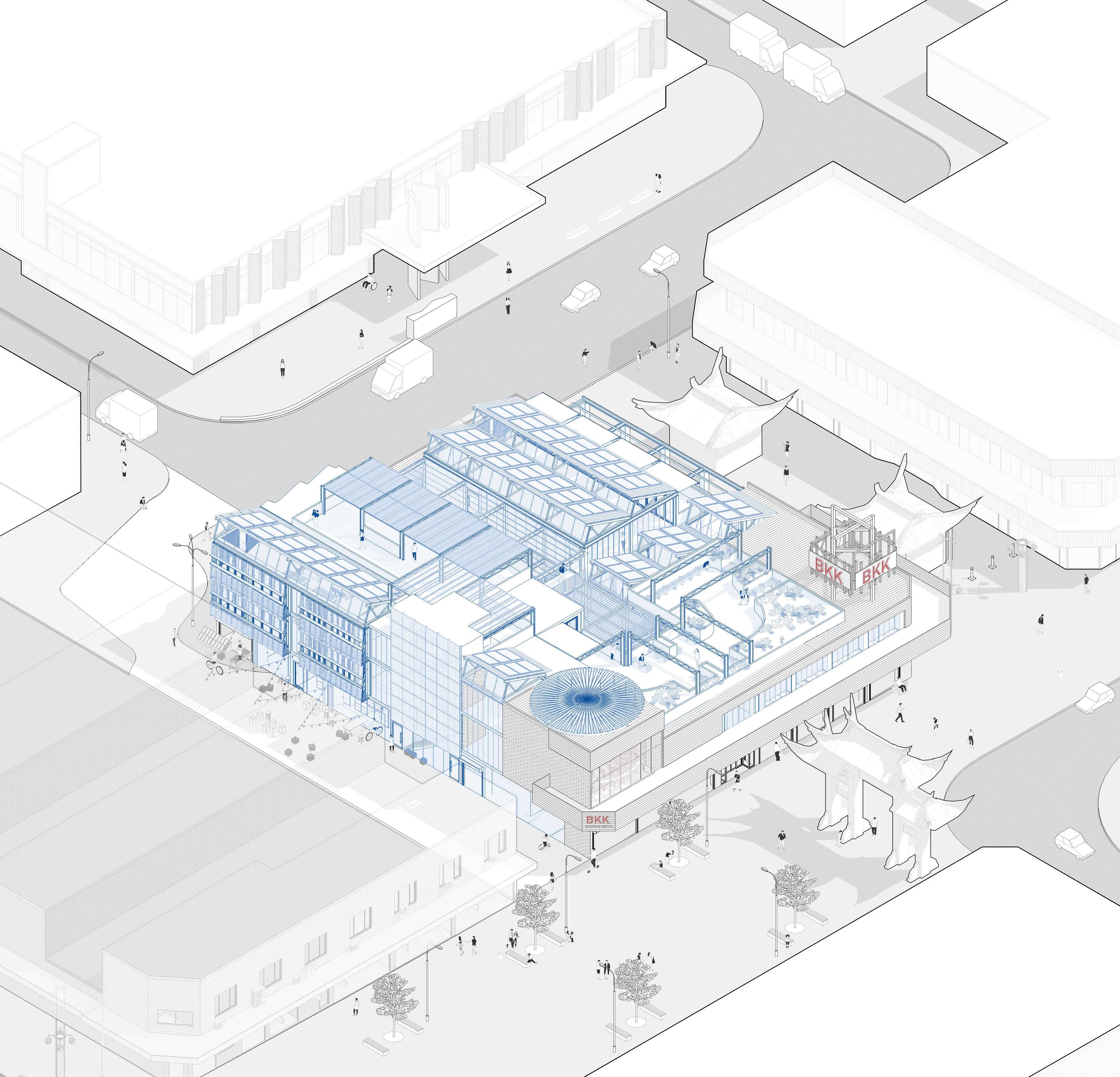 Axonometric drawing of the BKK Repair Commons