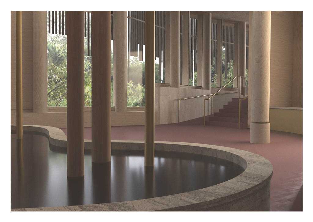 A reflective pool greets visitors who arrive at the eastern entrance.