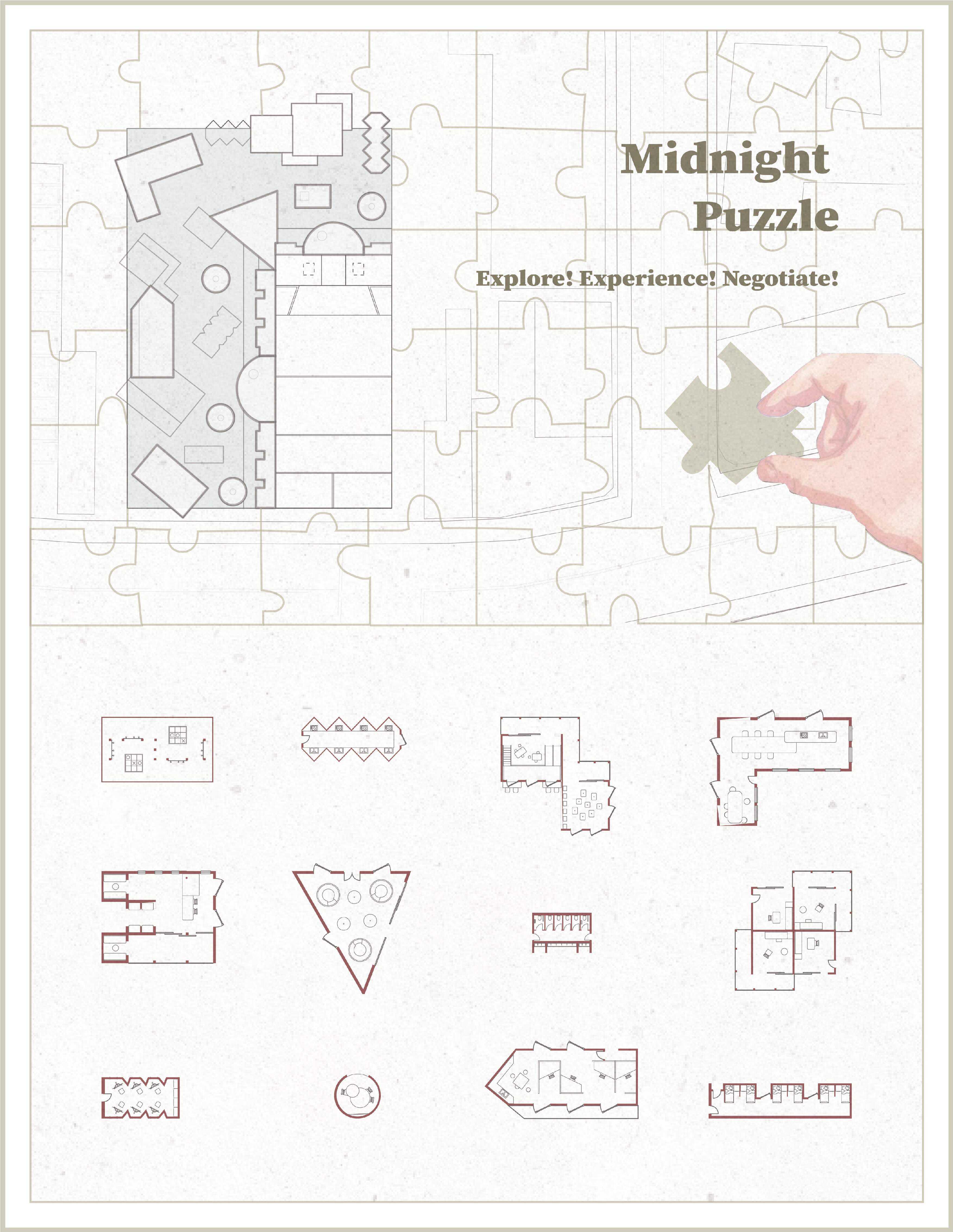 The poster frames a puzzle of pocketed spaces spanning three thermal bands, where playful geometries and absurd angles heighten climatic sensibility, inviting the public to sense, navigate, and negotiate comfort as an evolving experience.
